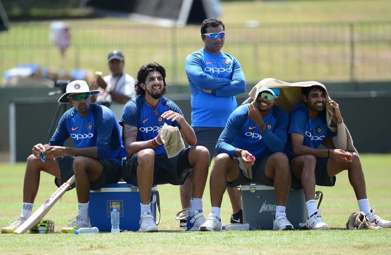R Ashwin, Ishant Sharma, Umesh Yadav and Bhuvneshwar Kumar rest during a practice session at the SSC, Colombo, August 1, 2017