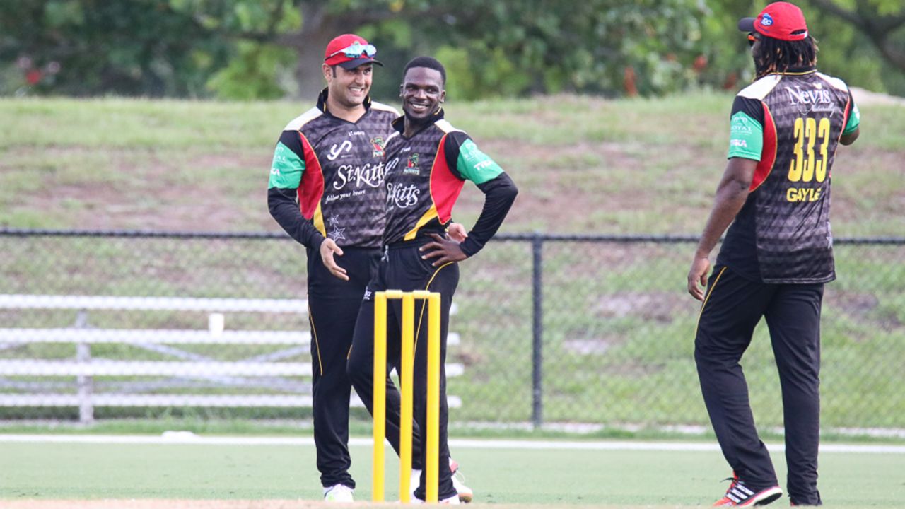 Mohammad Nabi and Jonathan Carter celebrate after a wicket, USA v St Kitts & Nevis Patriots, Lauderhill, August 2, 2017