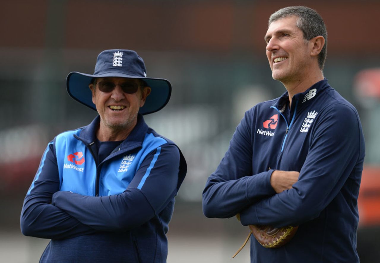 England men's coach Trevor Bayliss and his women's counterpart Mark Robinson, Old Trafford, August 2, 2017