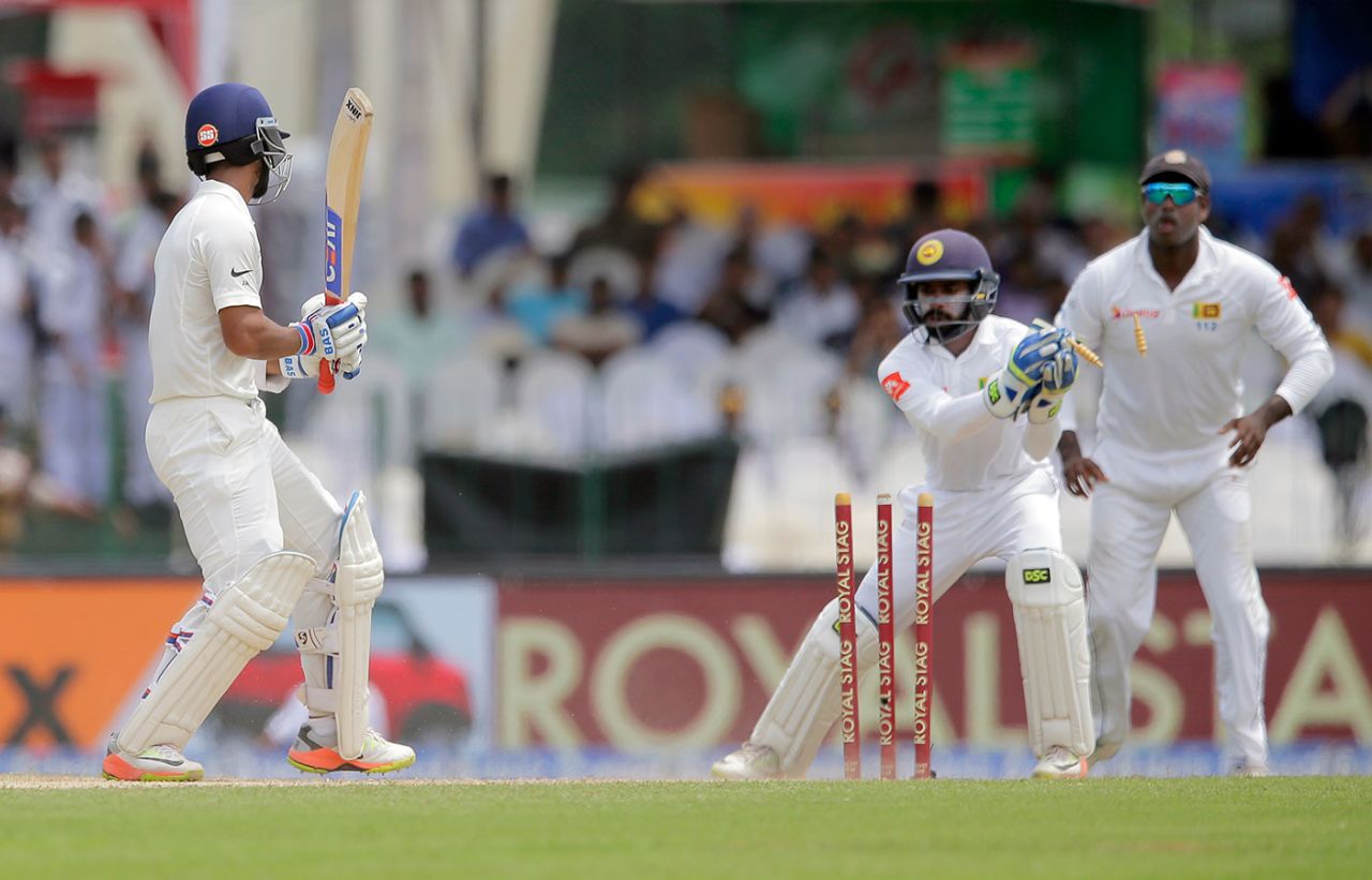Centurion Ajinkya Rahane looks on as Niroshan Dickwella stumps him, Sri Lanka v India, 2nd Test, SSC, 2nd day, August 4, 2017