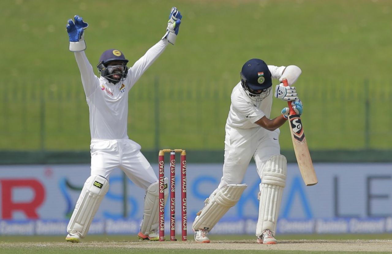 Cheteshwar Pujara missed one from Dimuth Karunaratne, Sri Lanka v India, 2nd Test, SSC, 2nd day, Colombo, August 4, 2017