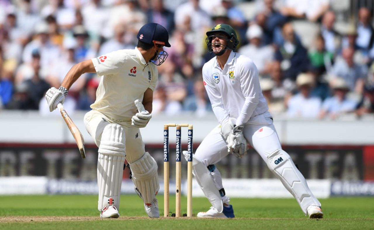 Alastair Cook was caught behind off Keshav Maharaj, England v South Africa, 4th Investec Test, Old Trafford, 1st day, August 4, 2017