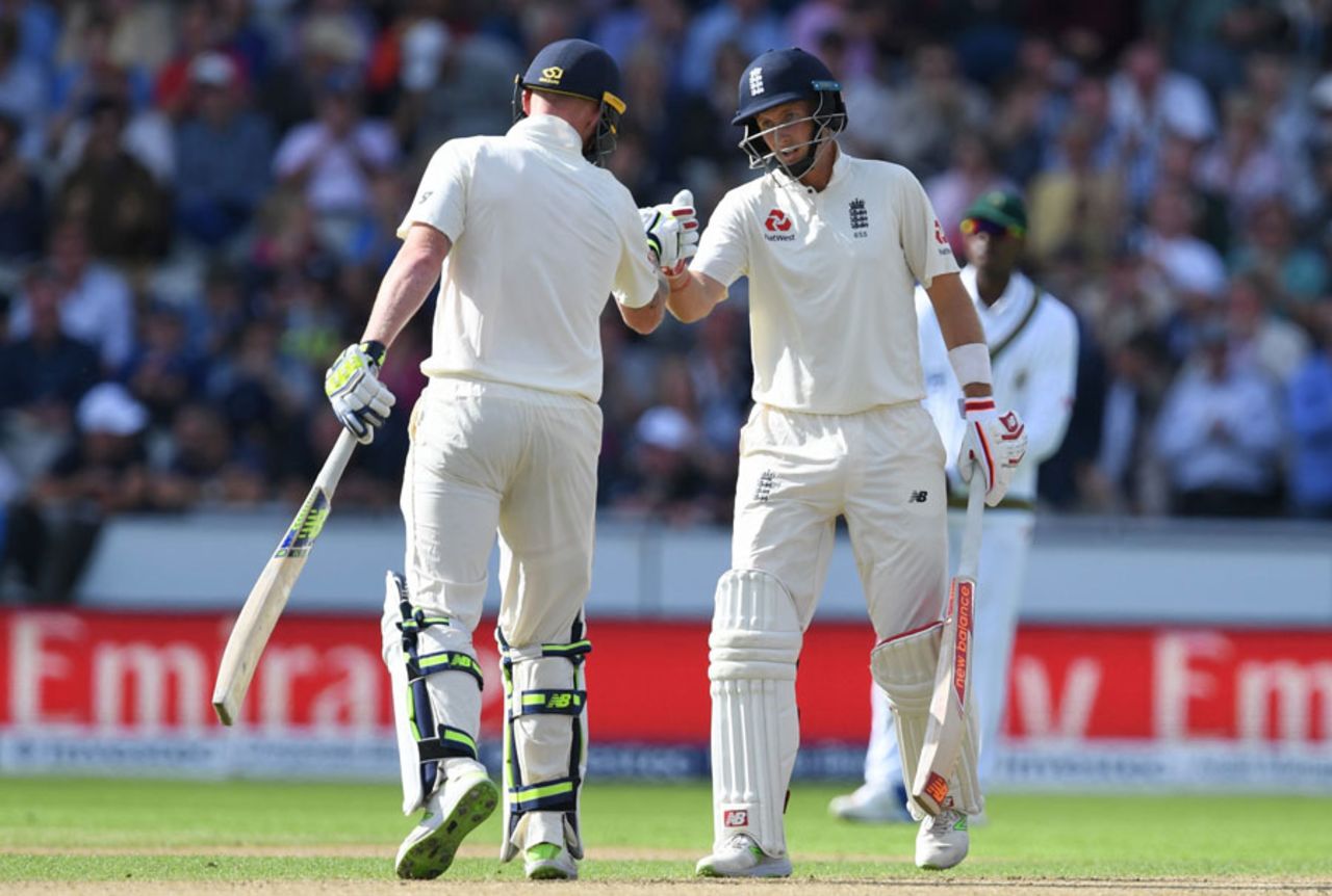 Ben Stokes and Joe Root exchange a glove punch, England v South Africa, 4th Investec Test, Old Trafford, 1st day, August 4, 2017