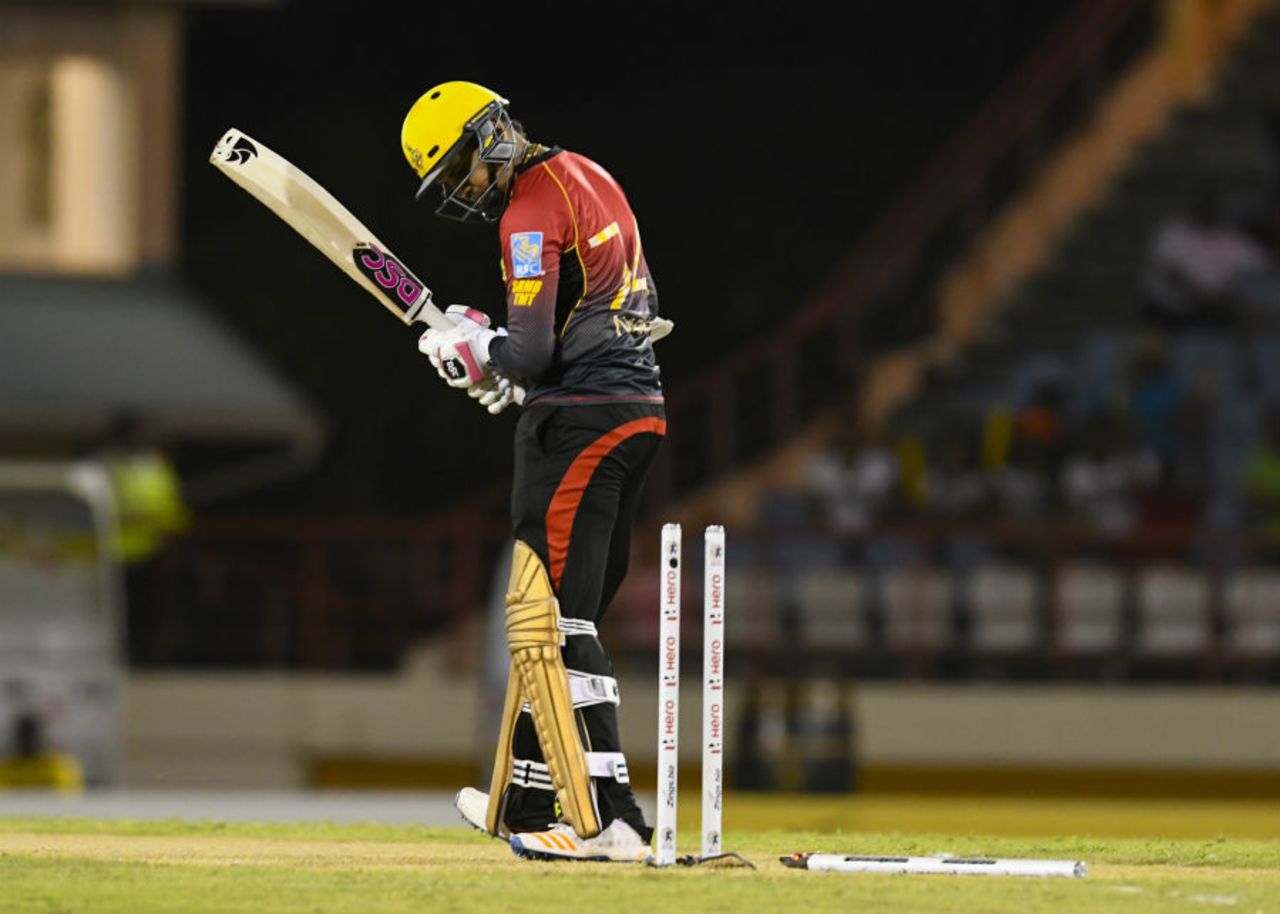 Sunil Narine watches his off stump flatten by a searing yorker, St Lucia Stars v Trinbago Knight Riders, Gros Islet, CPL, August 5, 2017