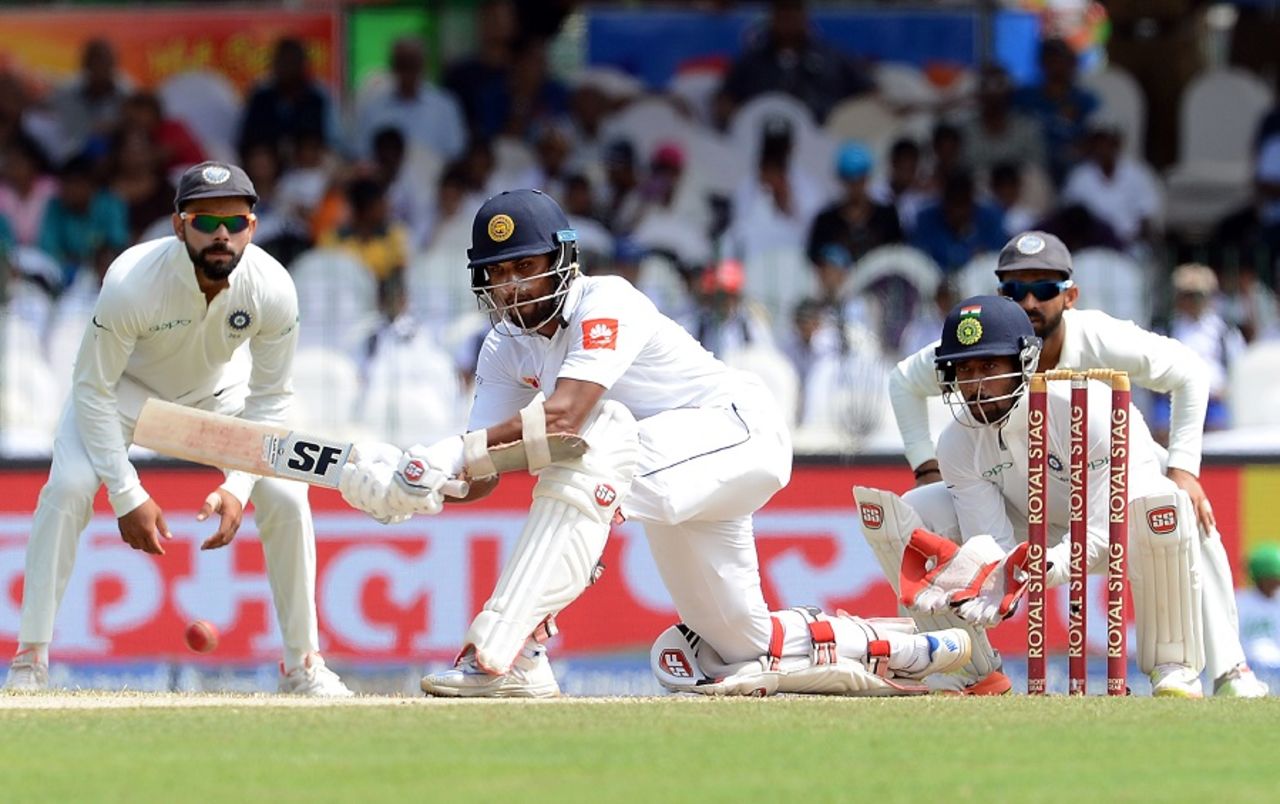Dinesh Chandimal swept Ravindra Jadeja straight to backward square leg, Sri Lanka v India, 2nd Test, SSC, 3rd day, Colombo, August 5, 2017