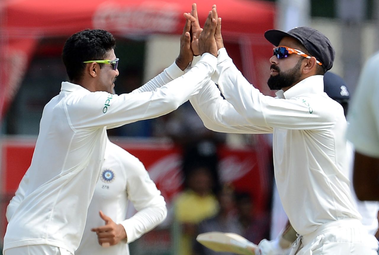 Virat Kohli and Ravindra Jadeja celebrate the wicket of Dinesh Chandimal, Sri Lanka v India, 2nd Test, SSC, 3rd day, Colombo, August 5, 2017