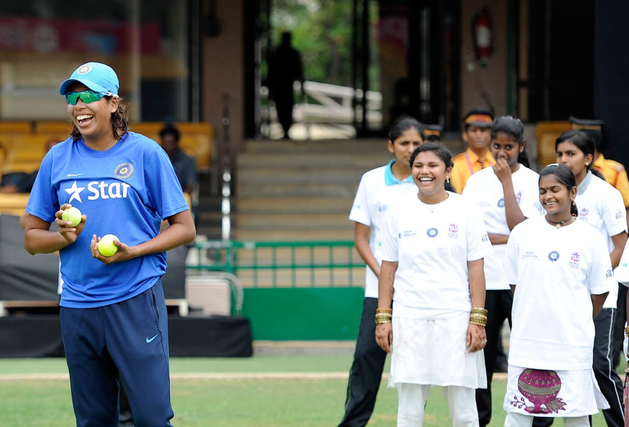 Jhulan Goswami shares a laugh with local school kids during a UNICEF event, Bangalore, March 14, 2016