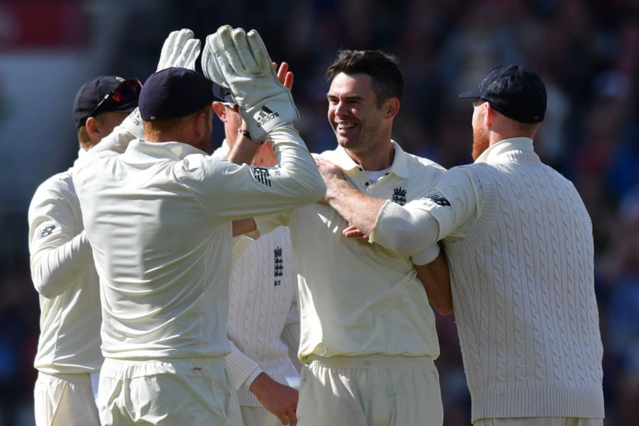 James Anderson produced a three-wicket burst from the James Anderson End, England v South Africa, 4th Investec Test, Old Trafford, 2nd day, August 5, 2017