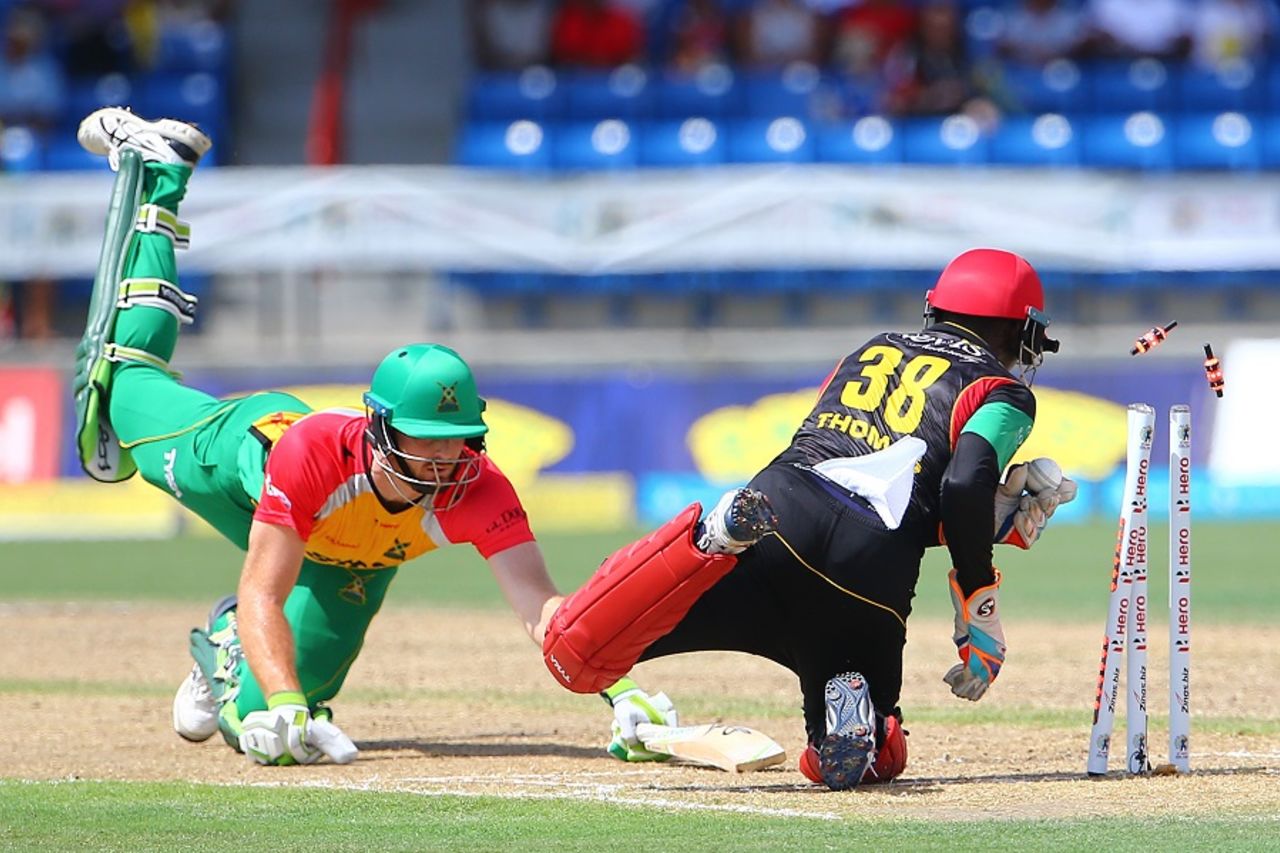Martin Guptill survives a run out chance, Guyana Amazon Warriors v St Kitts and Nevis Patriots, CPL, Lauderhill, August 5, 2017