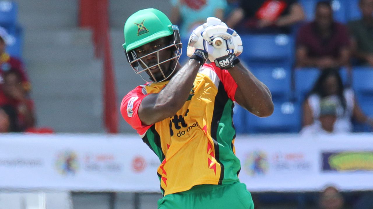 Chadwick Walton drives down the ground during his 60 off 51 balls, Guyana Amazon Warriors v St Kitts and Nevis Patriots, Lauderhill, CPL, August 5, 2017
