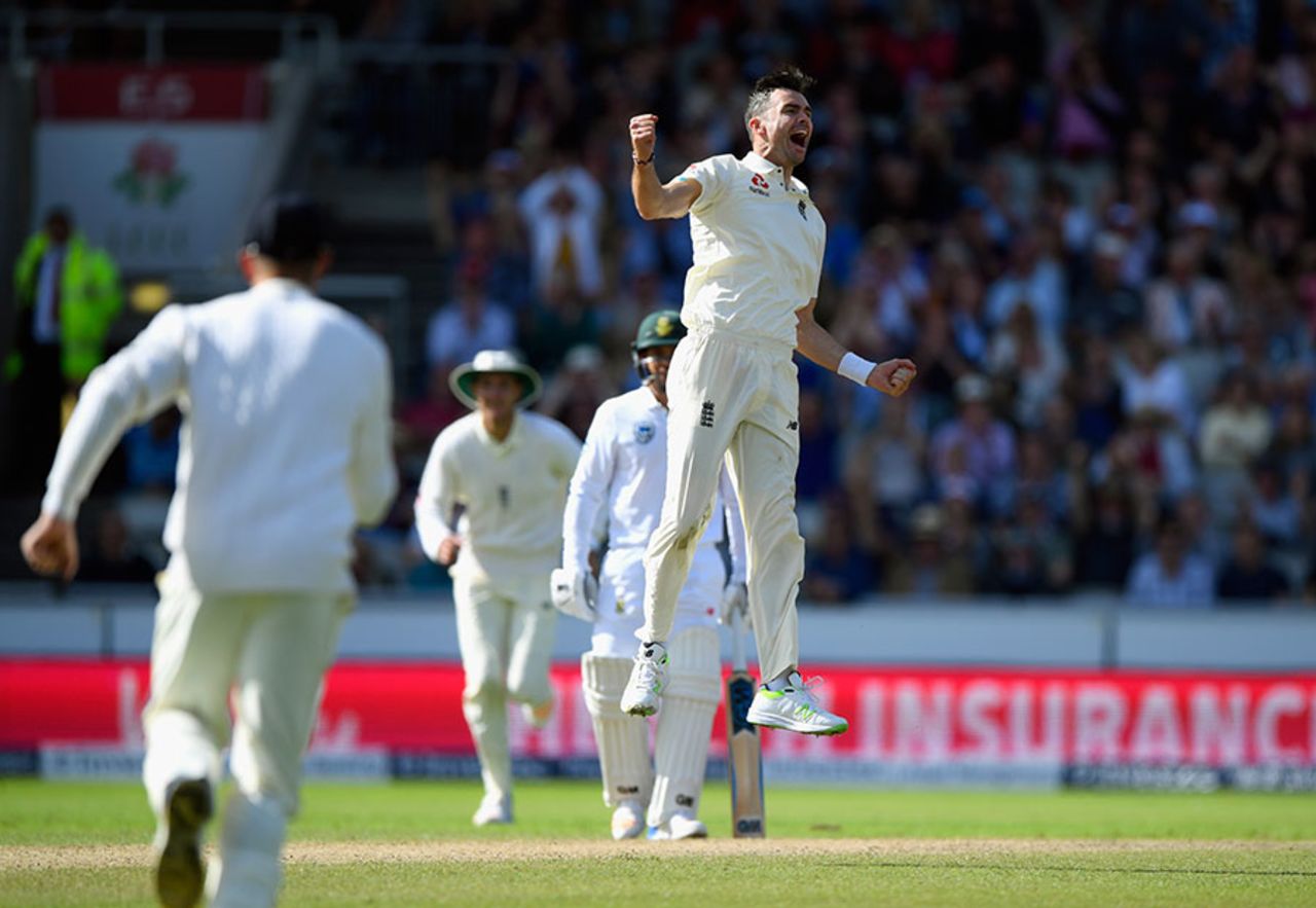 James Anderson celebrates removing Faf du Plessis, England v South Africa, 4th Investec Test, Old Trafford, 2nd day, August 5, 2017