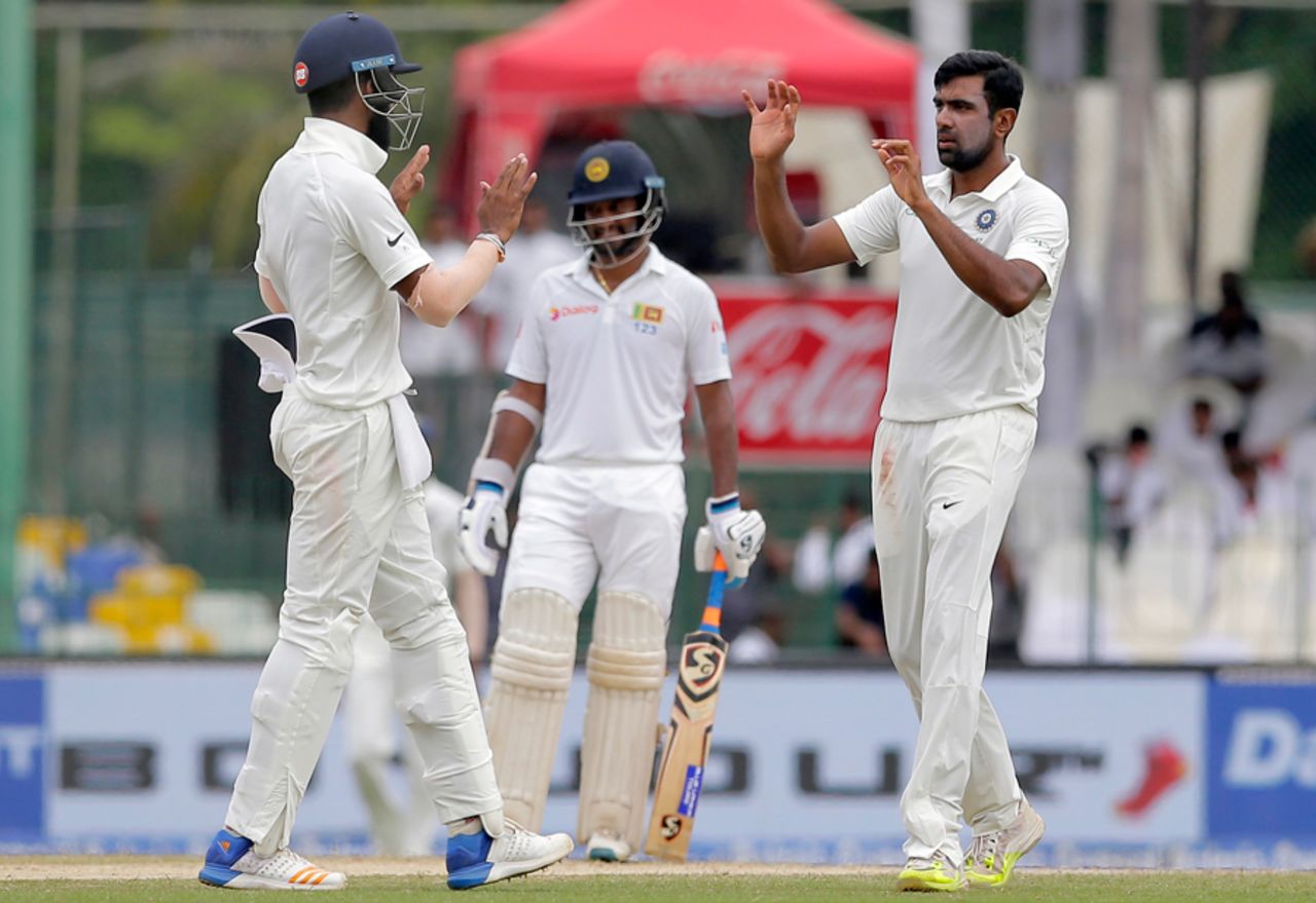 R Ashwin celebrates the wicket of Malinda Pushpakumara with KL Rahul, Sri Lanka v India, 2nd Test, SSC, 4th day, Colombo, August 6, 2017