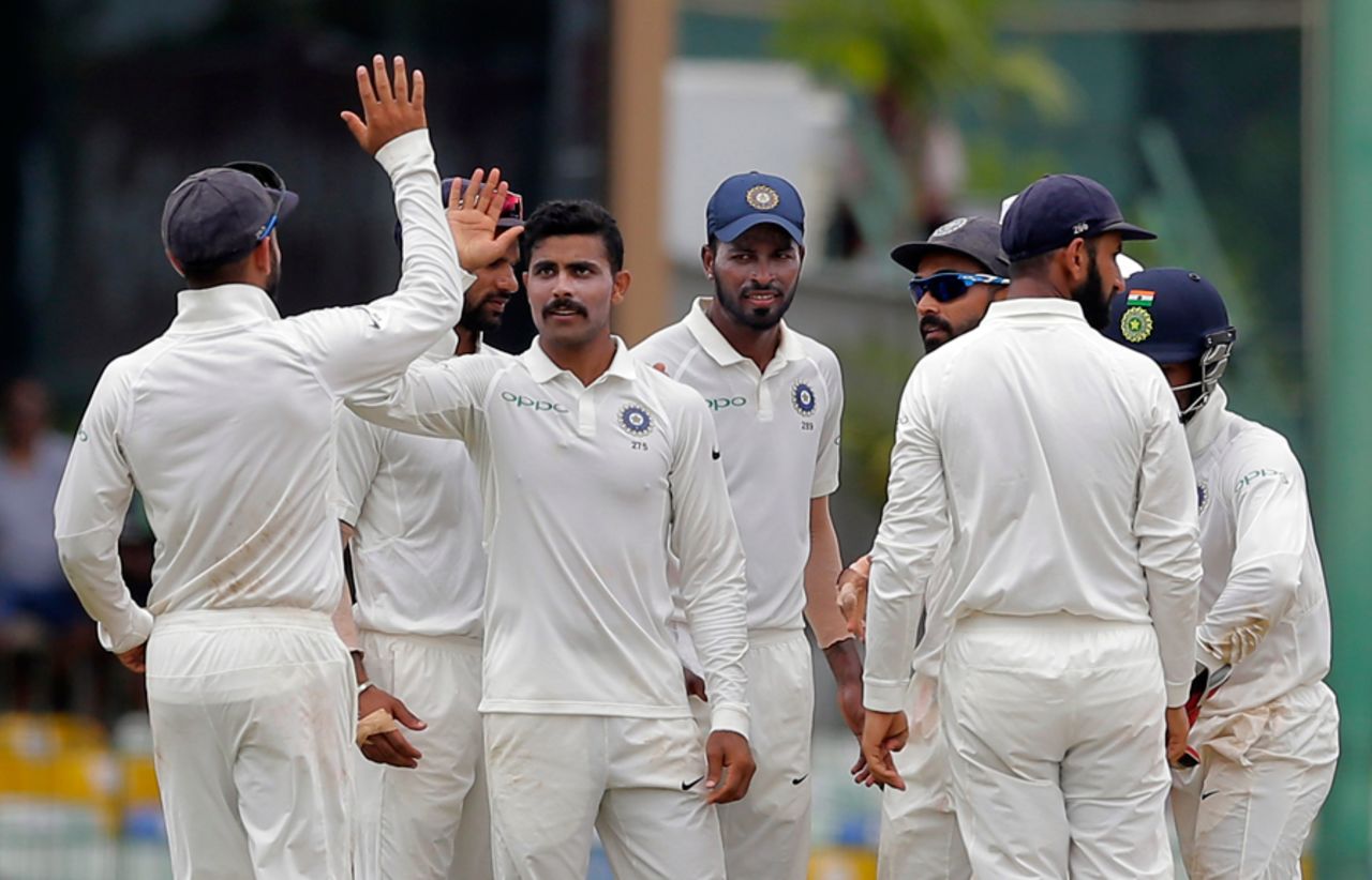 Ravindra Jadeja gets a high-five from his captain on removing Dhananjaya de Silva, Sri Lanka v India, 2nd Test, SSC, 4th day, Colombo, August 6, 2017