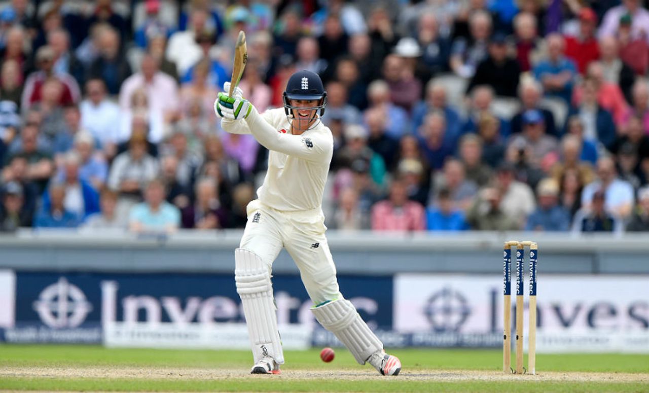Keaton Jennings drives through the covers, England v South Africa, 4th Investec Test, Old Trafford, 3rd day, August 6, 2017