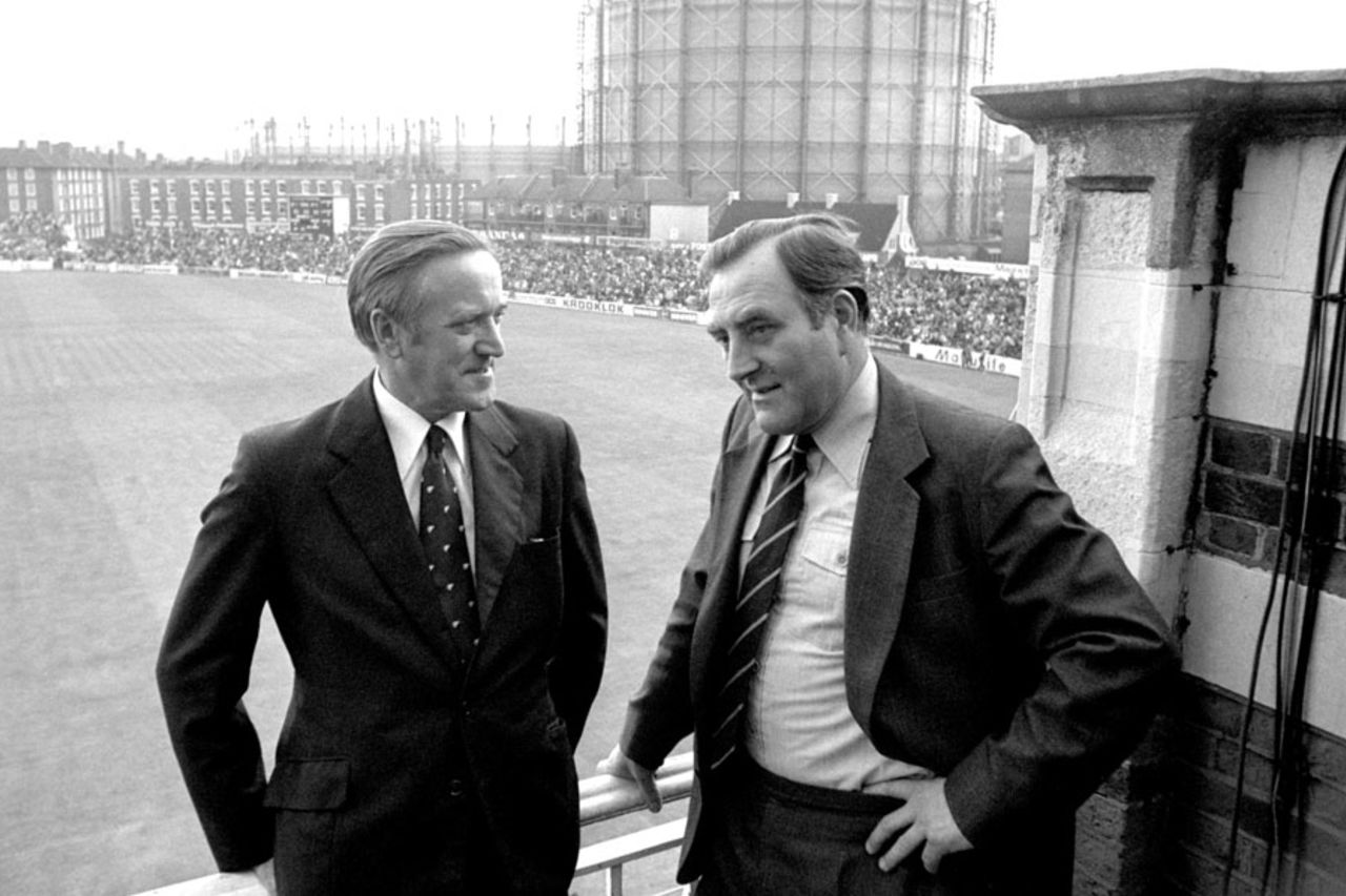 Cyril Burrows of Cornhill Insurance talks with TCCB chairman Doug Insole, The Oval, August 27, 1977