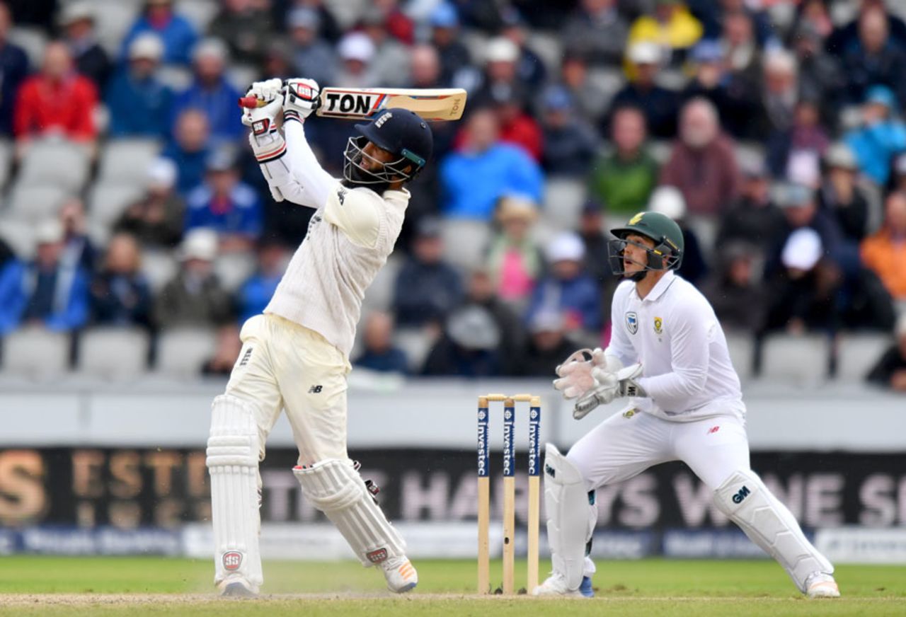 Moeen Ali struck three sixes as he reached 67 not out before the rain arrived, England v South Africa, 4th Investec Test, Old Trafford, 3rd day, August 6, 2017