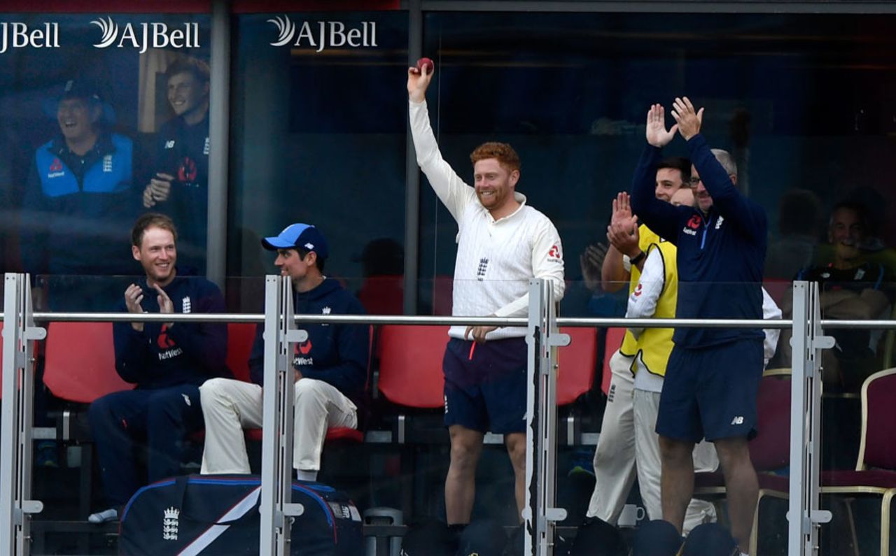 Jonny Bairstow caught a six from Moeen Ali on the England balcony, England v South Africa, 4th Investec Test, Old Trafford, 3rd day, August 6, 2017