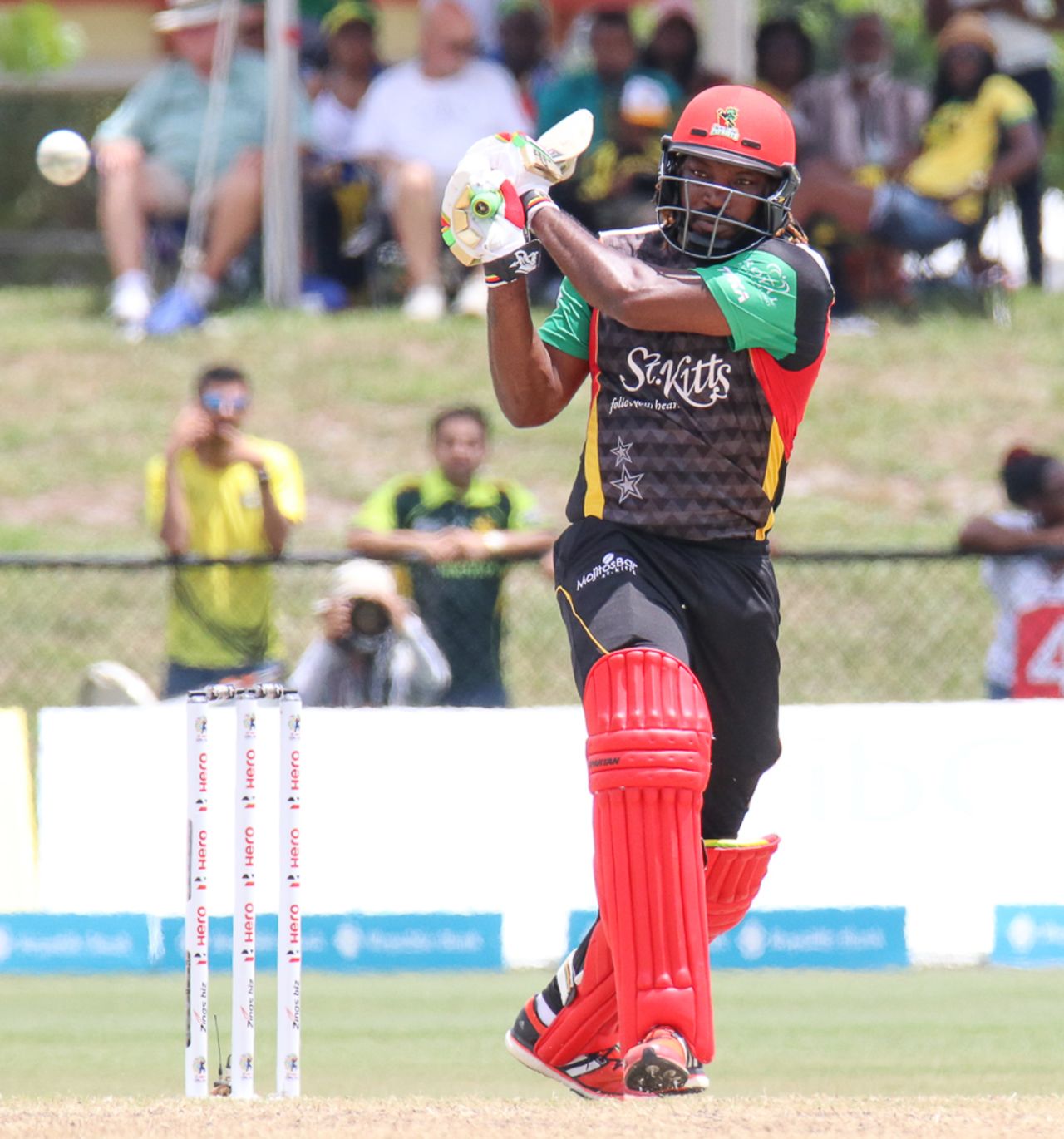 Chris Gayle pulls through midwicket for a boundary during his 66 off 55 balls, Guyana Amazon Warriors v St Kitts and Nevis Patriots, Lauderhill, CPL, August 6, 2017