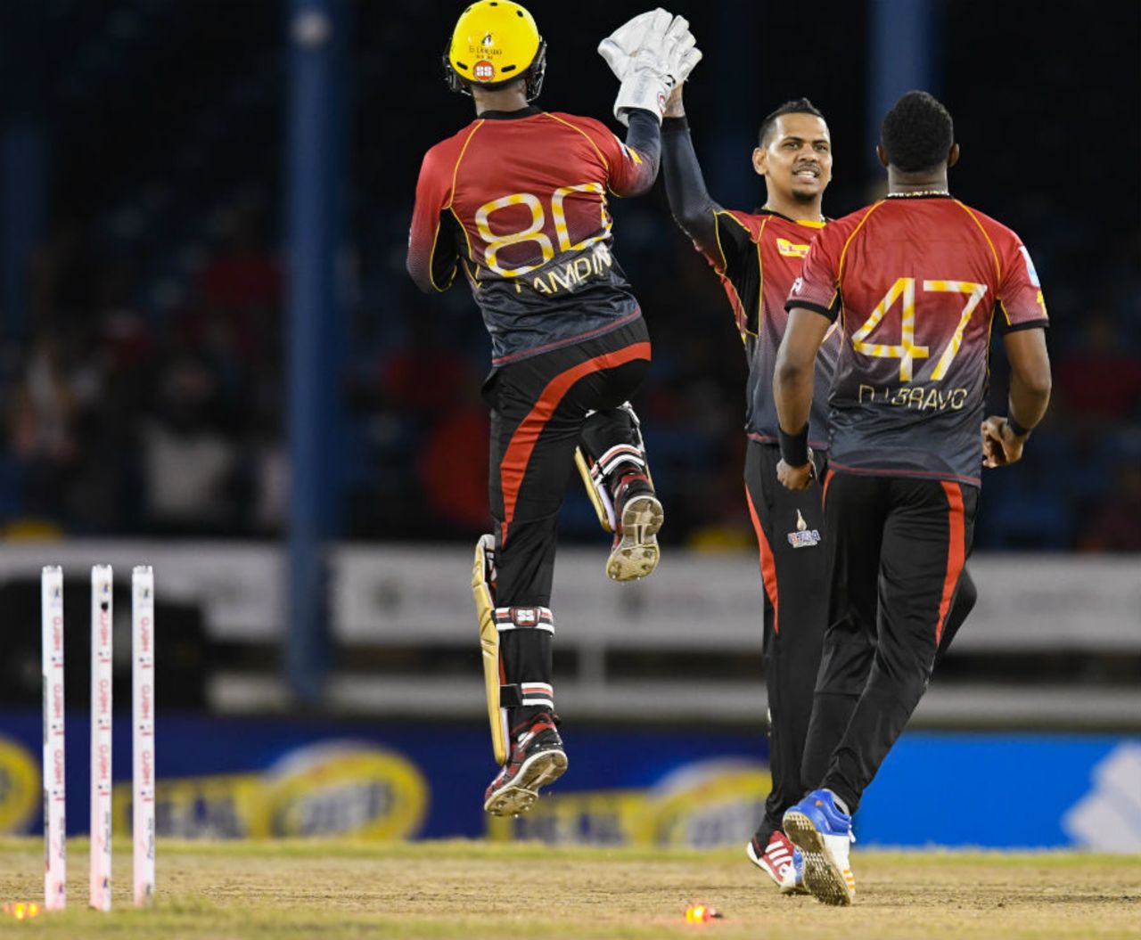 Sunil Narine celebrates the wicket of Marlon Samuels, Trinbago Knight Riders v St Lucia Stars, Port-of-Spain, CPL, August 7, 2017