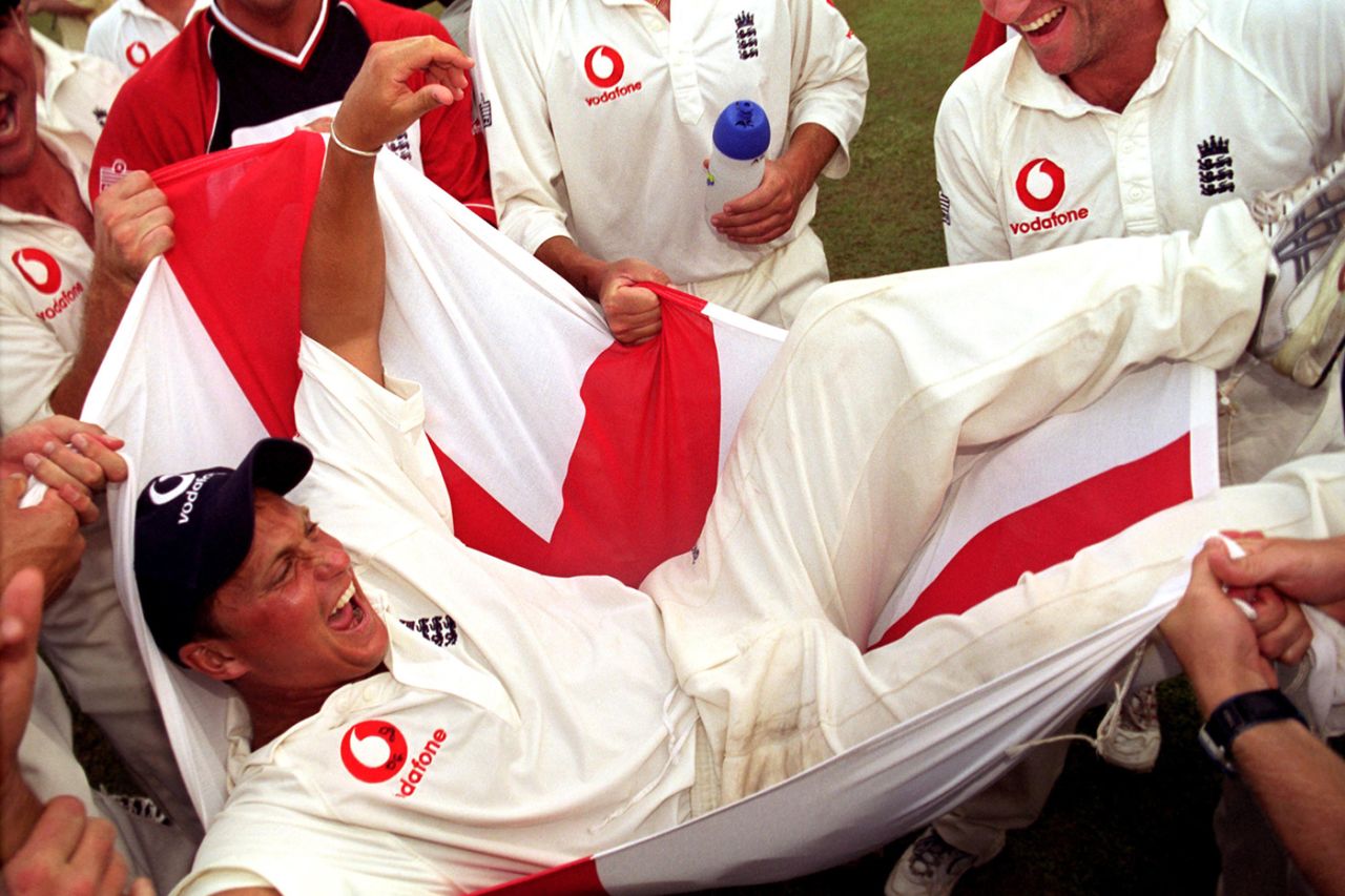 Darren Gough gets bumps from his team-mates in a St George's flag, Sri Lanka v England, 3rd Test, Colombo, 3rd day, March 17, 2001