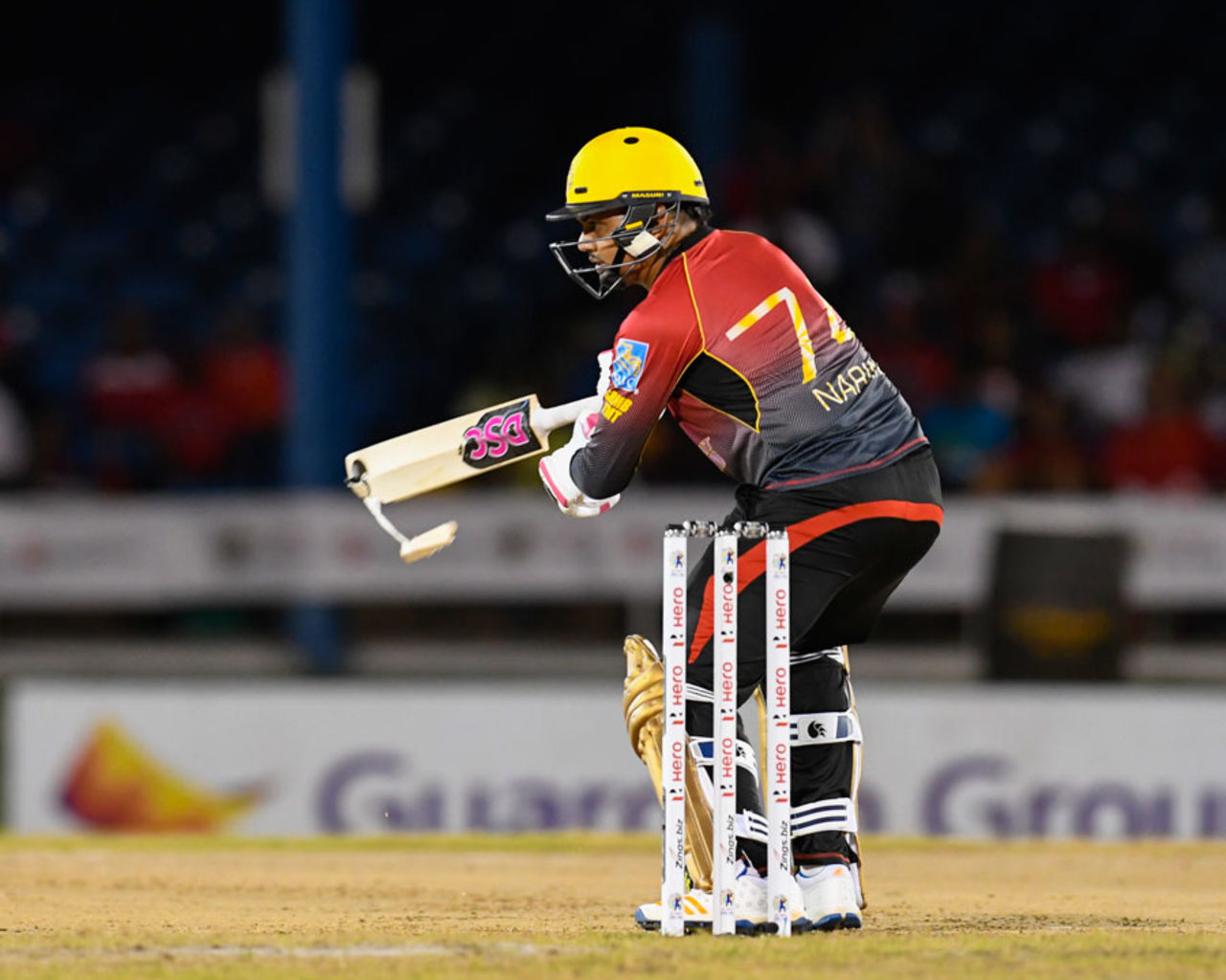Sunil Narine's bat chips off at the bottom as he meets a full toss outside off, T&T Riders v Jamaica Tallawahs, CPL 2017, Port of Spain
