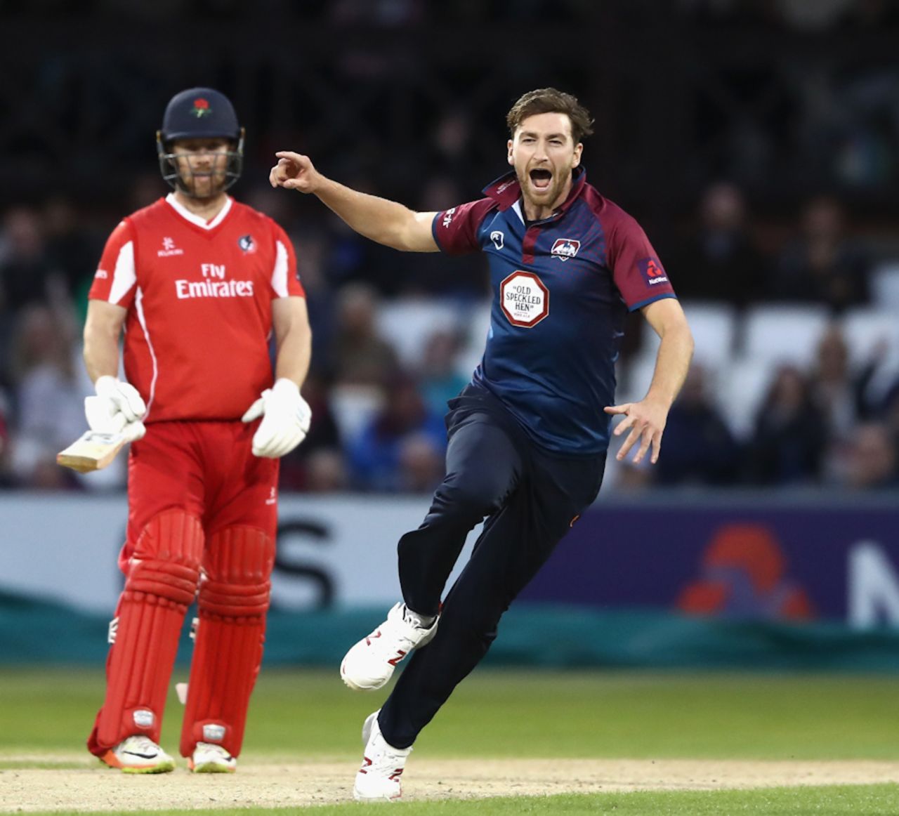 Richard Gleeson wheels away in delight after bowling Jos Buttler, Northants v Lancashire, NatWest Blast, North Group, Northampton, August 3, 2017