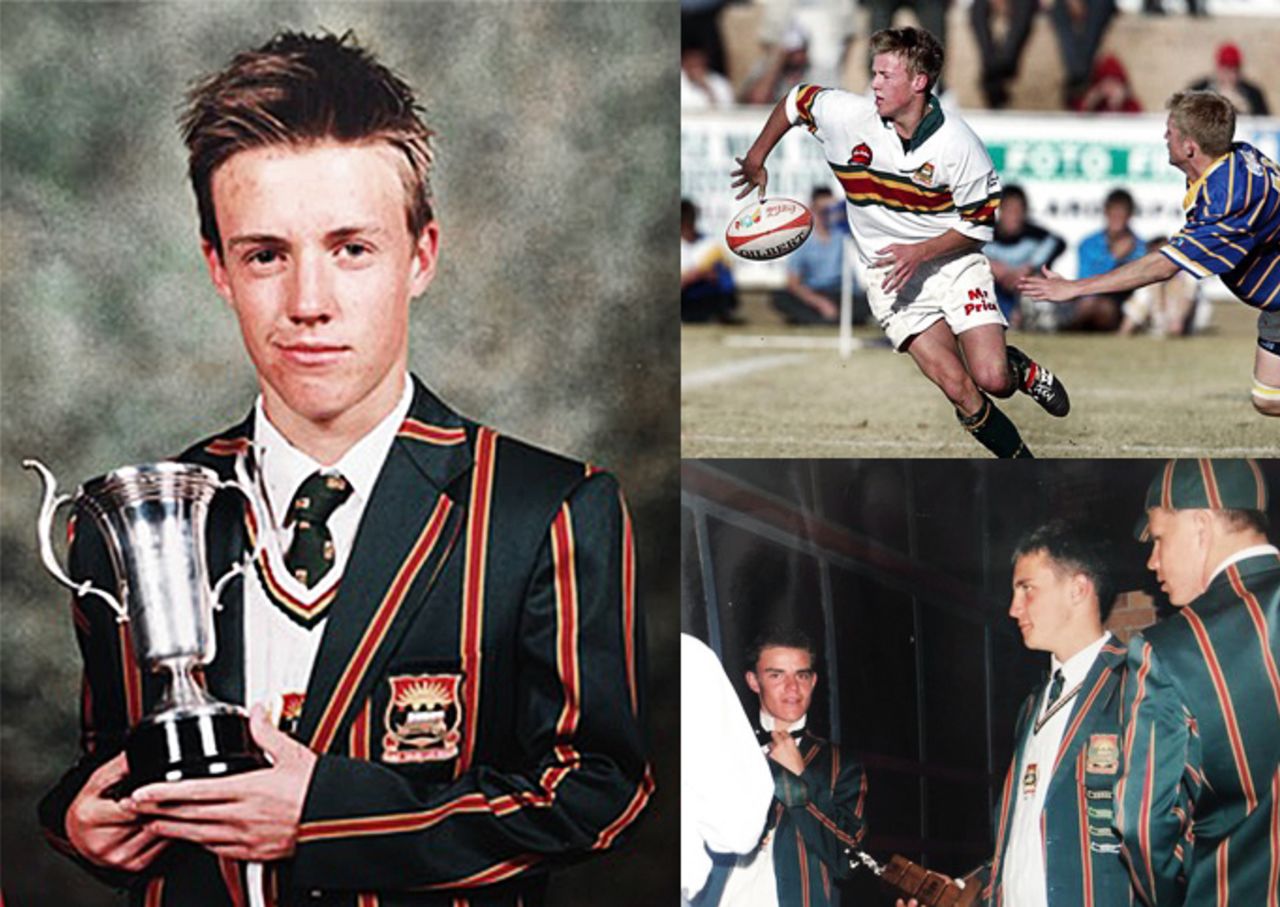 Composite (clockwise from left): A young AB de Villiers with trophy; de Villiers playing school rugby; Heino Kuhn (left) and Faf du Plessis receving end-of-season school awards in 2002