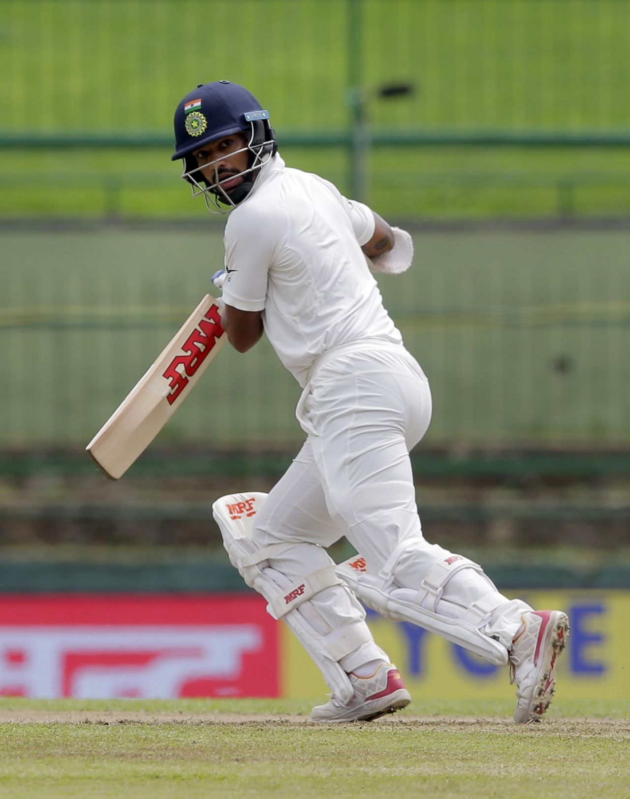 Shikhar Dhawan watches the ball after guiding it towards third man, Sri Lanka v India, 3rd Test, 1st day, Pallekele, August 12, 2017