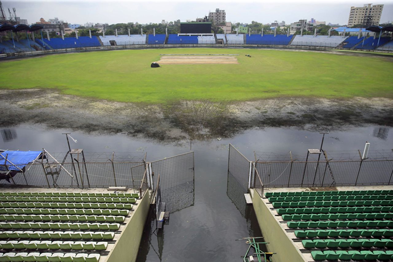 An inundated Khan Shaheb Osman Ali Stadium as seen from the ground's southern stands, Fatullah, August 10, 2017