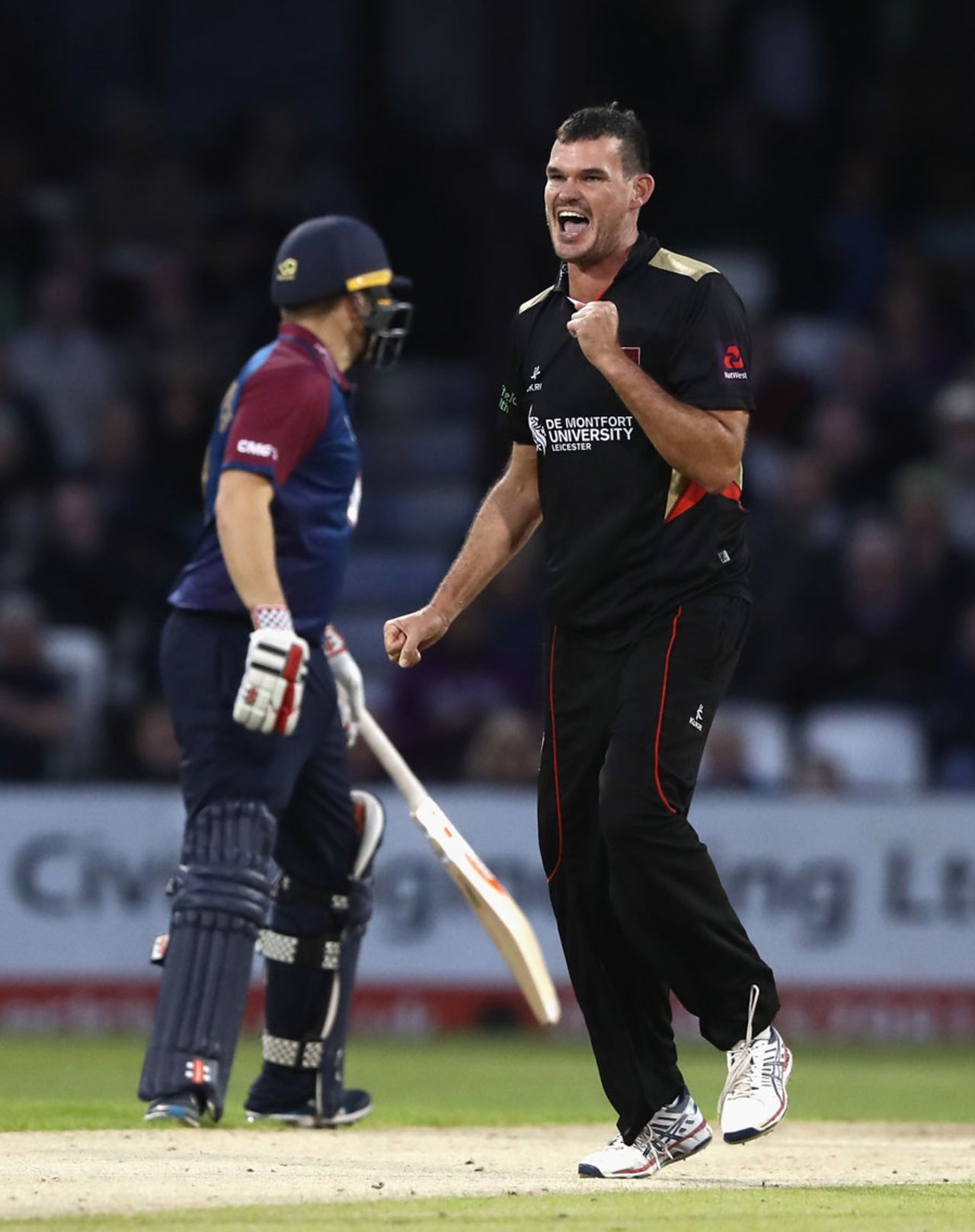 Clint McKay celebrates the wicket of Ben Duckett for 1, Northamptonshire v Leicestershire, NatWest T20 Blast, North Group, Wantage Road, August 11, 2017