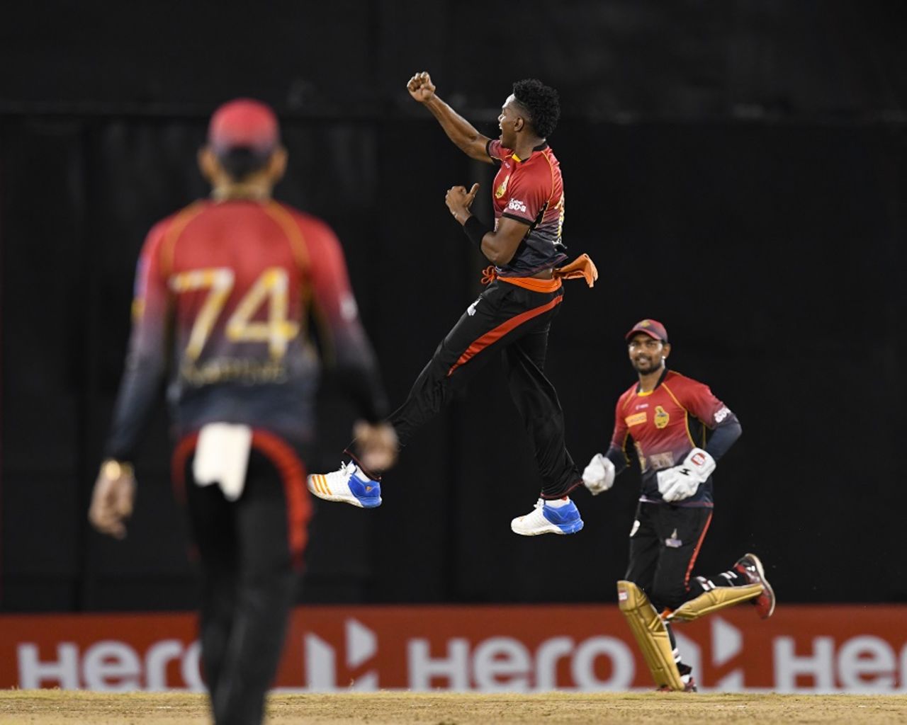 Ronsford Beaton leaps in joy after picking up a wicket, Barbados Tridents v Trinbago Knight Riders, CPL 2017, Port of Spain, August 12, 2017