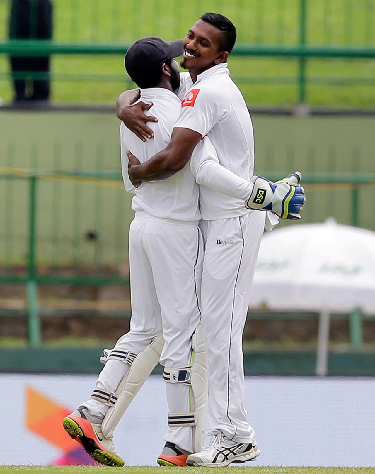 Vishwa Fernando celebrates after dismissing Wriddhiman Saha for 16 early on the second day, Sri Lanka v India, 3rd Test, 2nd day, Pallekele, August 13, 2017