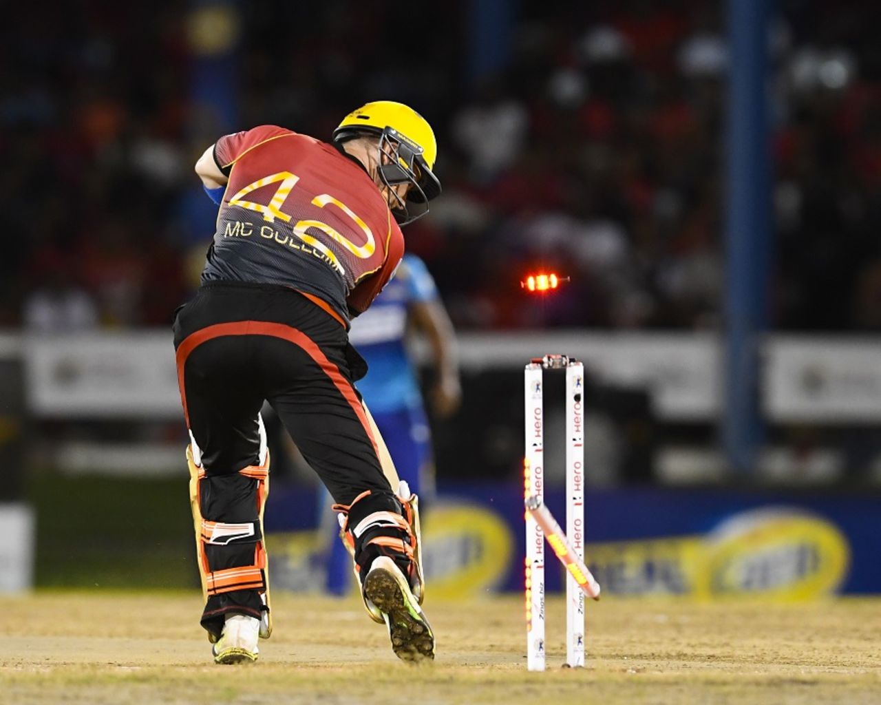 Brendon McCullum has his stumps taken out, Barbados Tridents v Trinbago Knight Riders, CPL 2017, Port of Spain, August 12, 2017