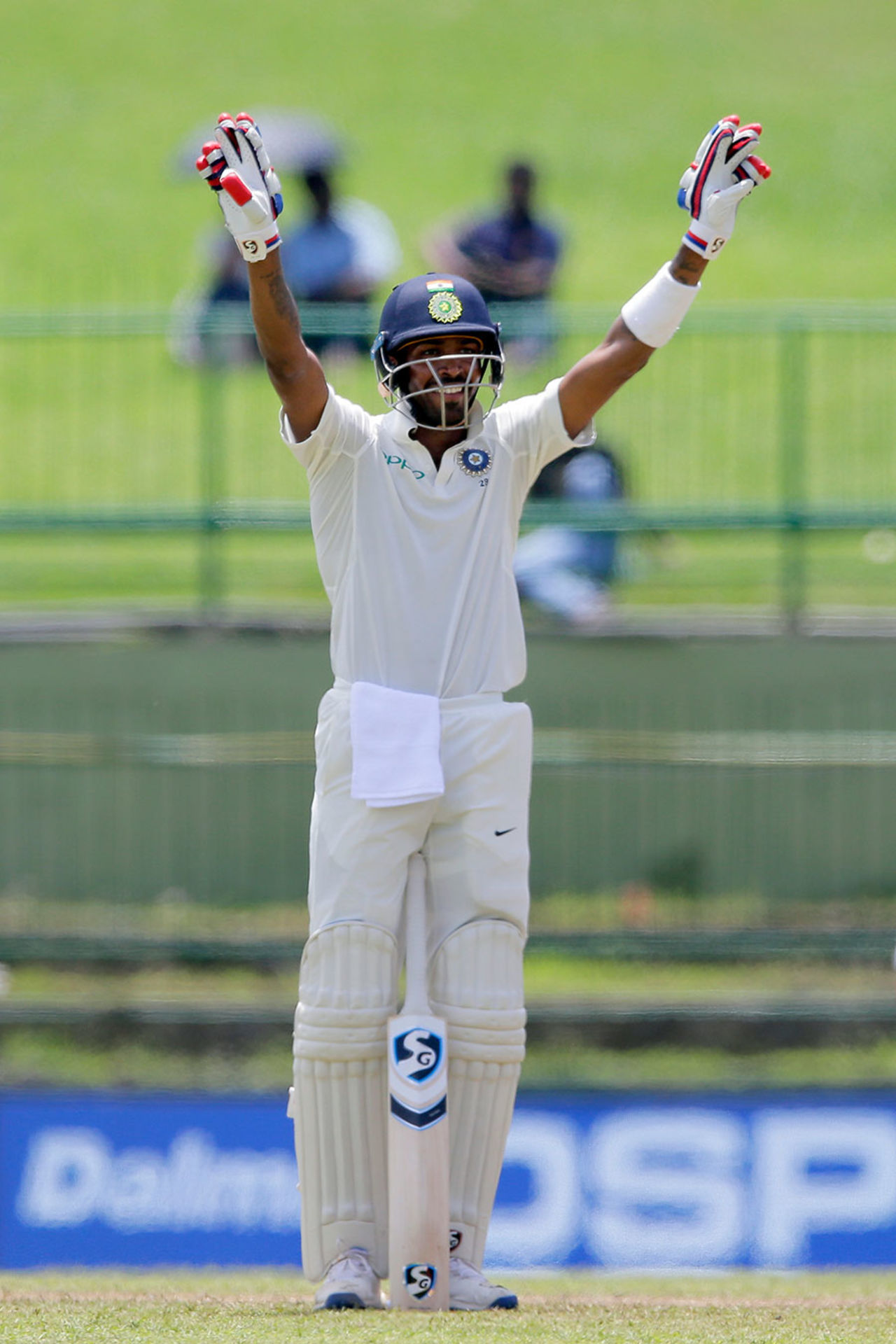 Hardik Pandya celebrates his second fifty of the series, Sri Lanka v India, 3rd Test, 2nd day, Pallekele, August 13, 2017