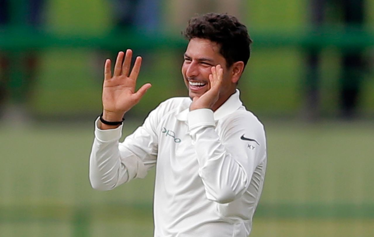 Kuldeep Yadav sports a grin after completing a four-for, Sri Lanka v India, 3rd Test, 2nd day, Pallekele, August 13, 2017