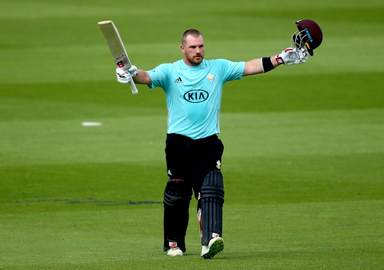 Aaron Finch soaks up the applause after a brutal hundred against Sussex at Kia Oval, Surrey v Sussex, NatWest Blast, South Group, Kia Oval, August 13, 2017
