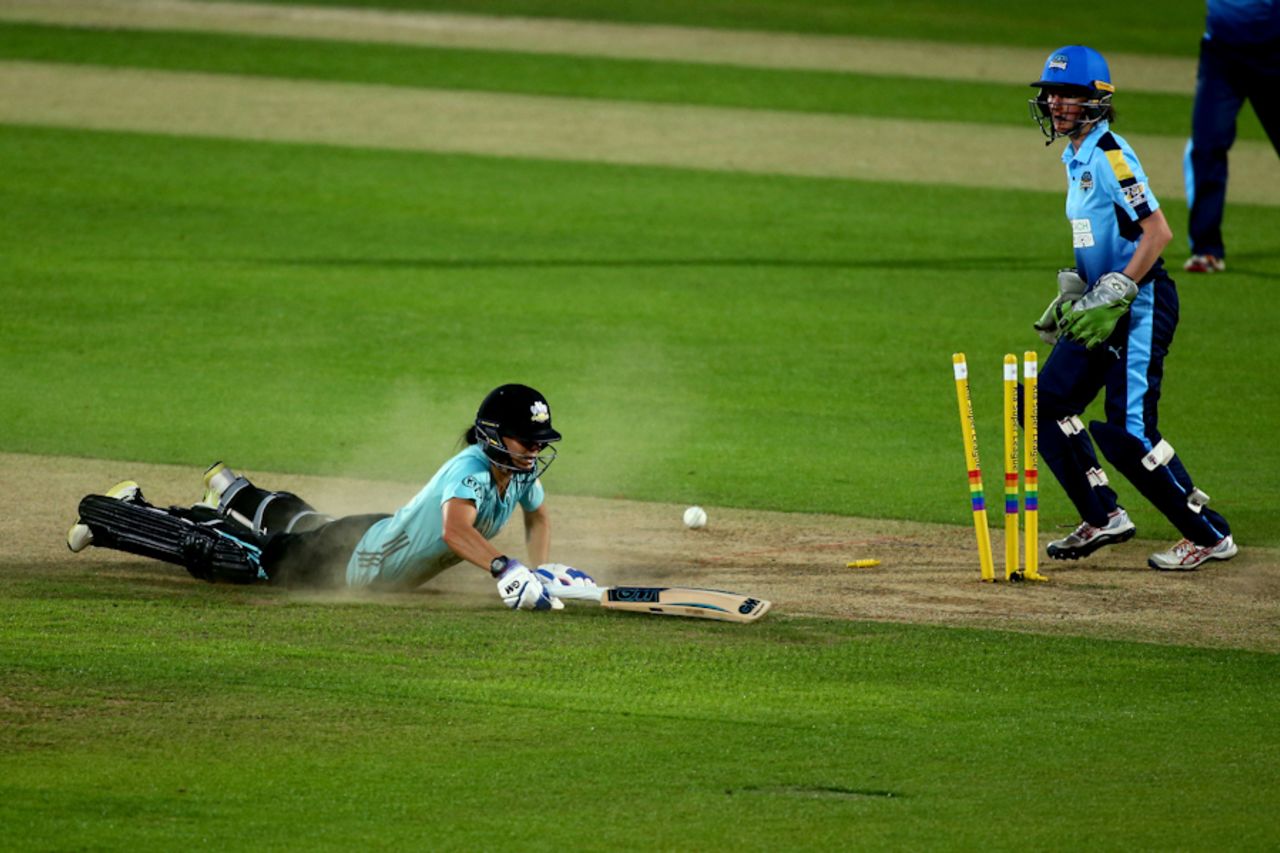 Marizanne Kapp of Surrey dives to make her ground, Surrey Stars v Yorkshire Diamonds, Women's Super League, Kia Oval, August 13, 2017
