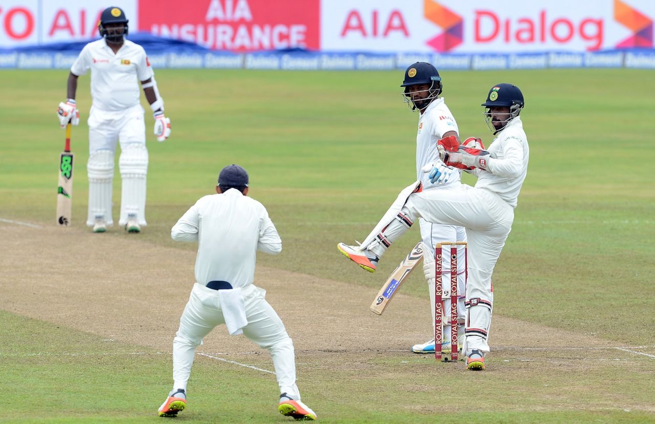 Dimuth Karunaratne watches his outside edge pouched by slip, Sri Lanka v India, 3rd Test, 3rd day, Pallekele, August 14, 2017