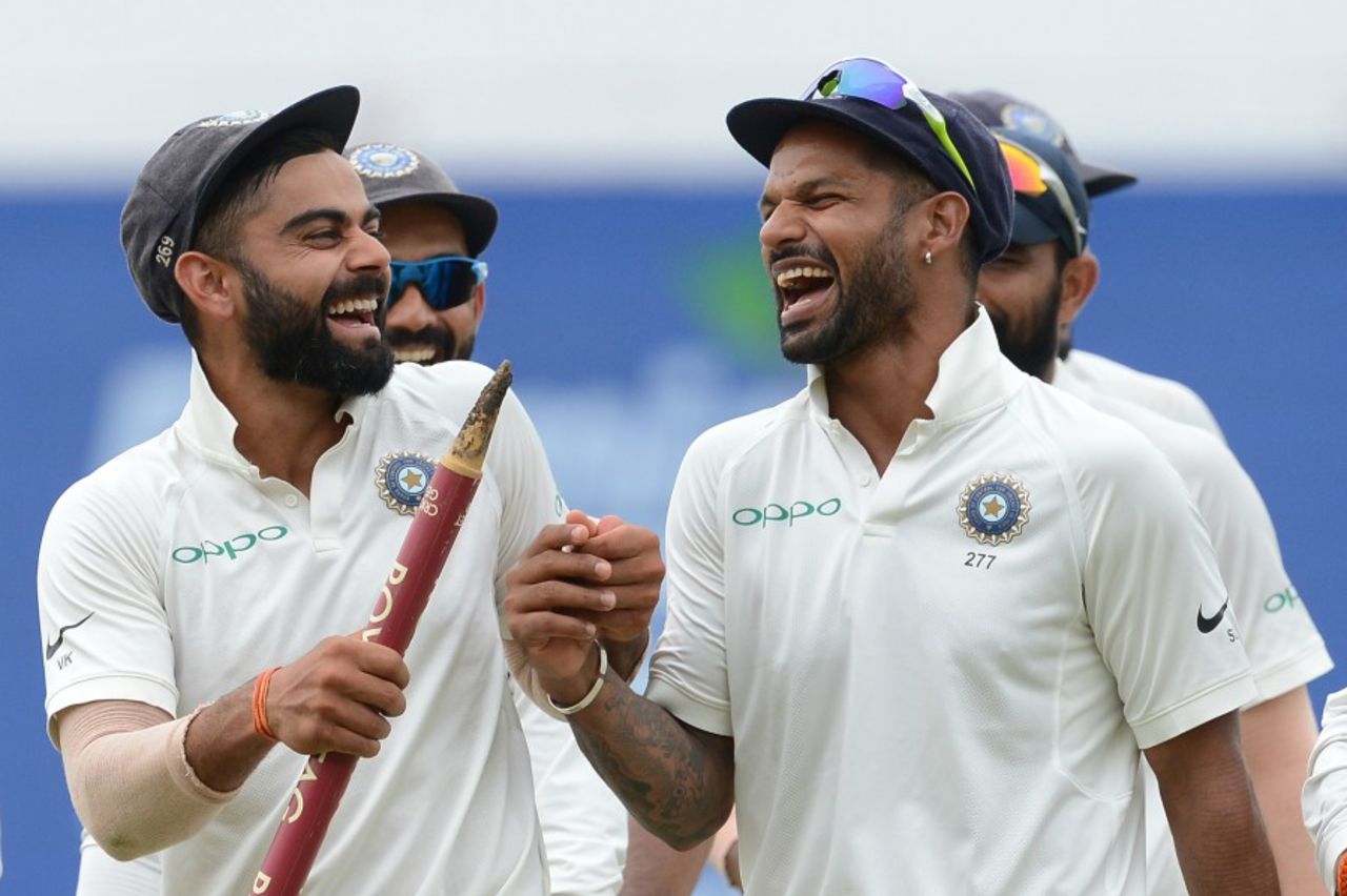 Shikhar Dhawan and Virat Kohli can't stop smiling after India's victory, Sri Lanka v India, 3rd Test, 3rd day, Pallekele, August 14, 2017