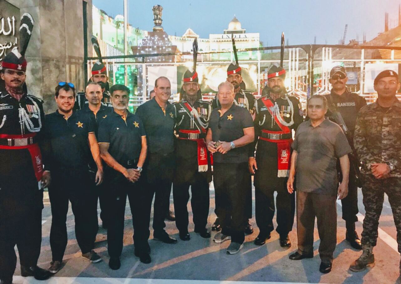 Pakistan head coach Mickey Arthur and the team's support staff visited the Wagah border on the country's 70th Independence Day