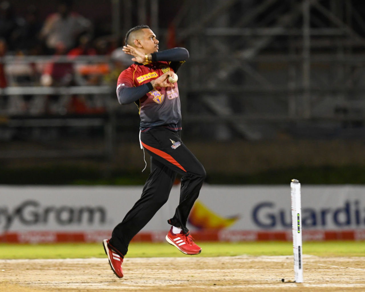 Sunil Narine in his bowling stride, Trinbago Knight Riders v St Kitts and Nevis Patriots, CPL 2017, Port of Spain, August 14, 2017