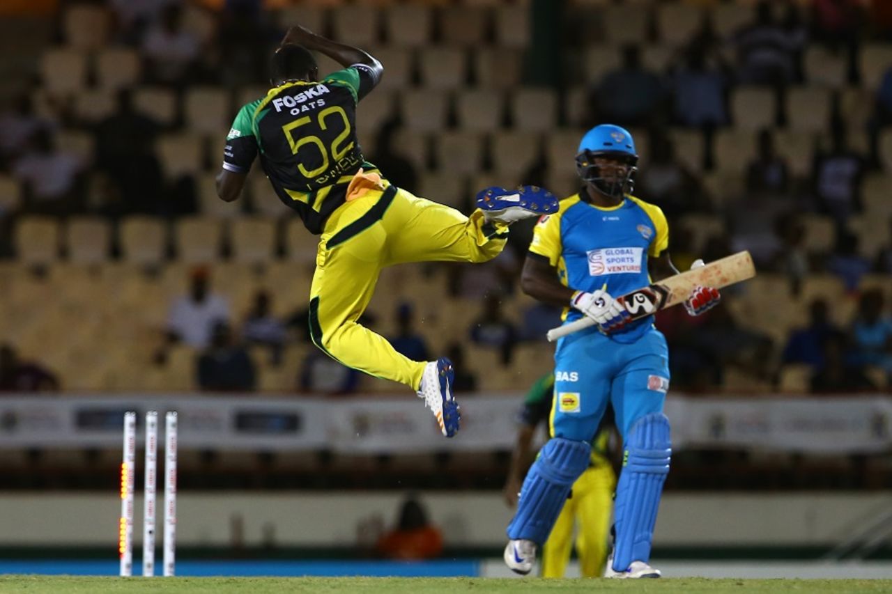 Rovman Powell takes flight after removing Kyle Mayers, St Lucia Stars v Jamaica Tallawahs, CPL 2017, Gros Islet, August 15, 2017