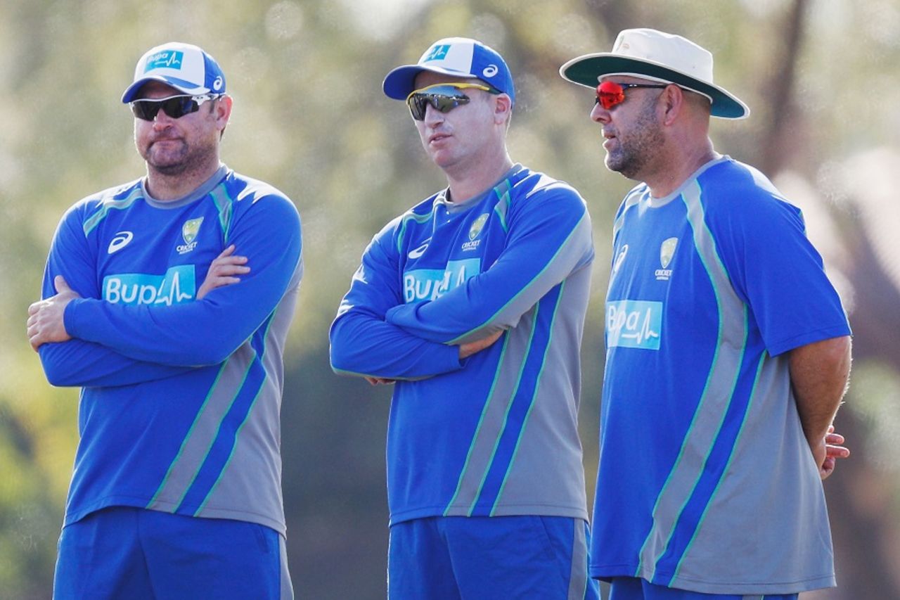 Ryan Harris, Brad Haddin and Darren Lehmann oversee the intra-squad match, Darwin, August 16, 2017