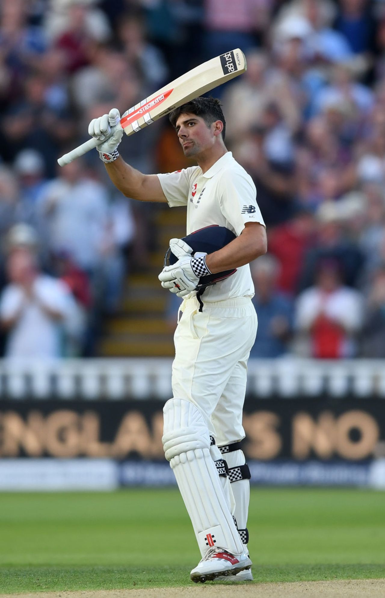 Alastair Cook acknowledges his hundred, England v West Indies, 1st Investec Test, Edgbaston, 1st day, August 17, 2017