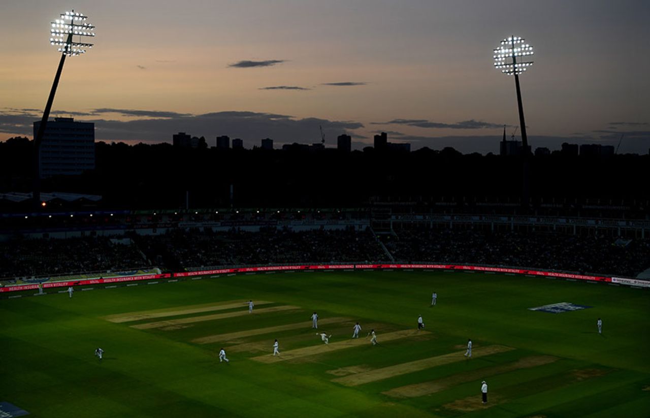 Darkness arrives on day-night Test cricket in England, England v West Indies, 1st Investec Test, Edgbaston, 1st day, August 17, 2017