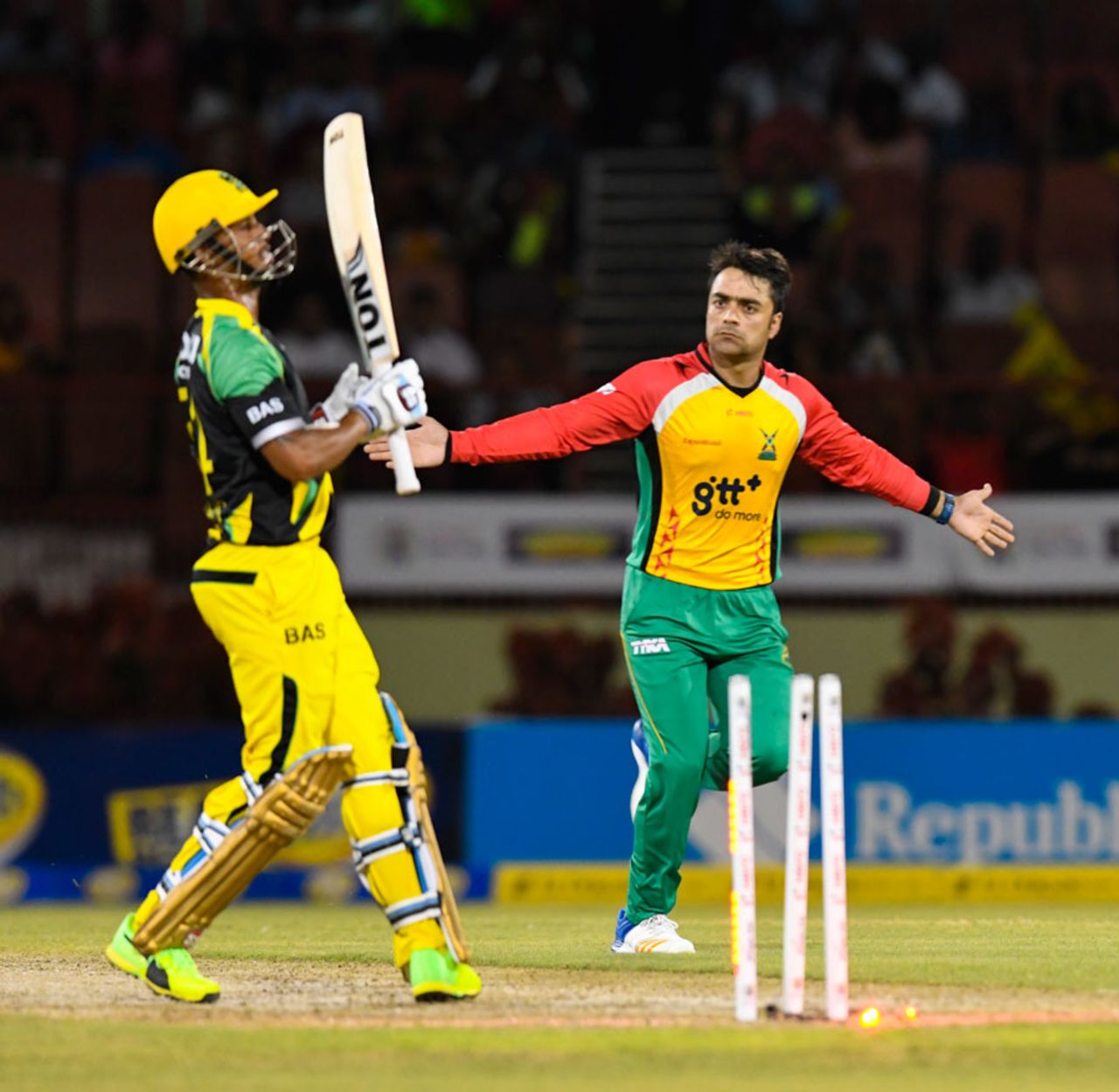 Rashid Khan celebrates after dismissing Lendl Simmons, Jamaica Tallawahs v Amazon Guyana Warriors, CPL 2017, Providence, August 17, 2017
