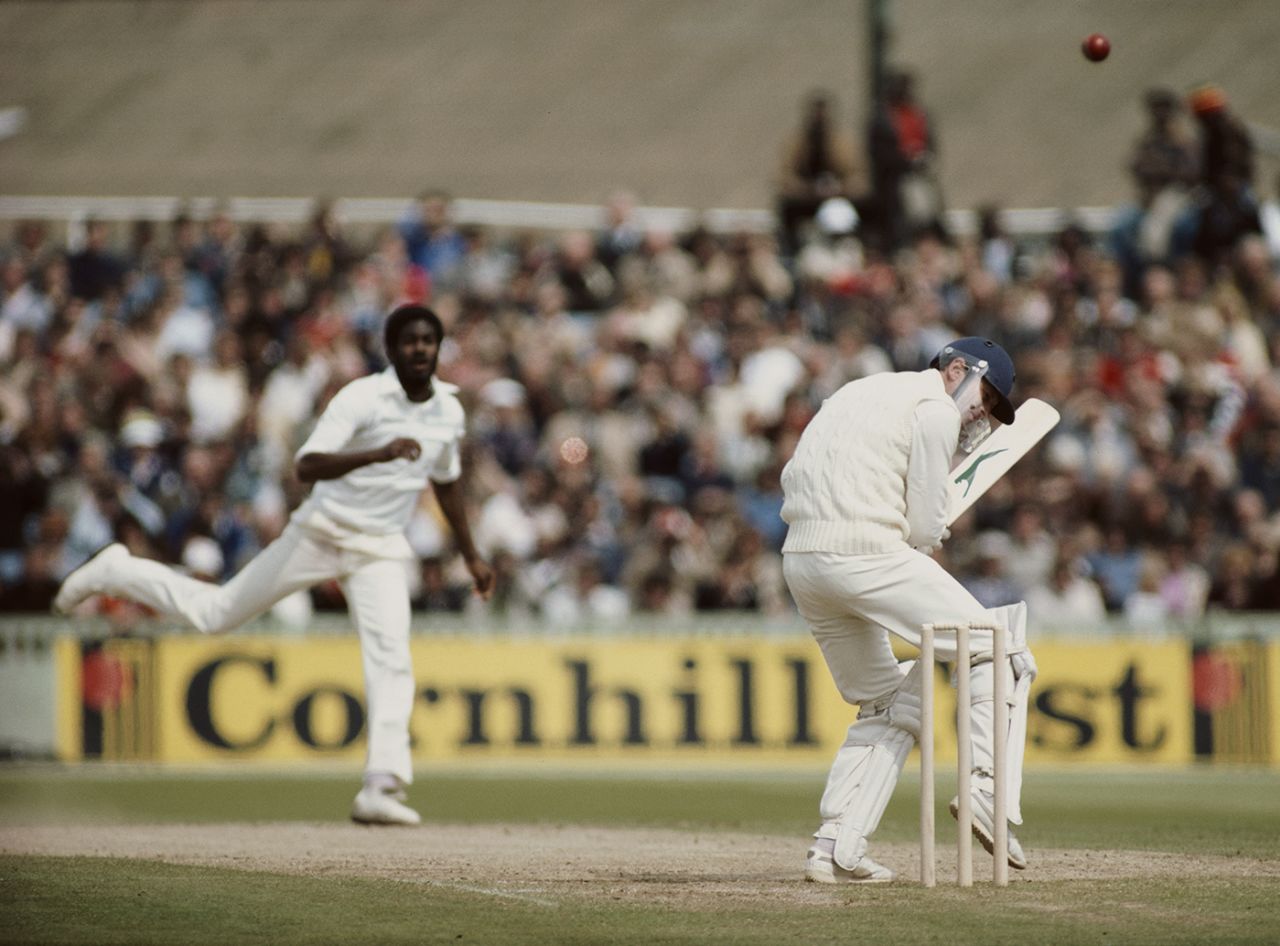 Michael Holding bowls a bouncer to Geoff Boycott, England v West Indies, 3rd Test, Old Trafford, 1st day, July 10, 1980