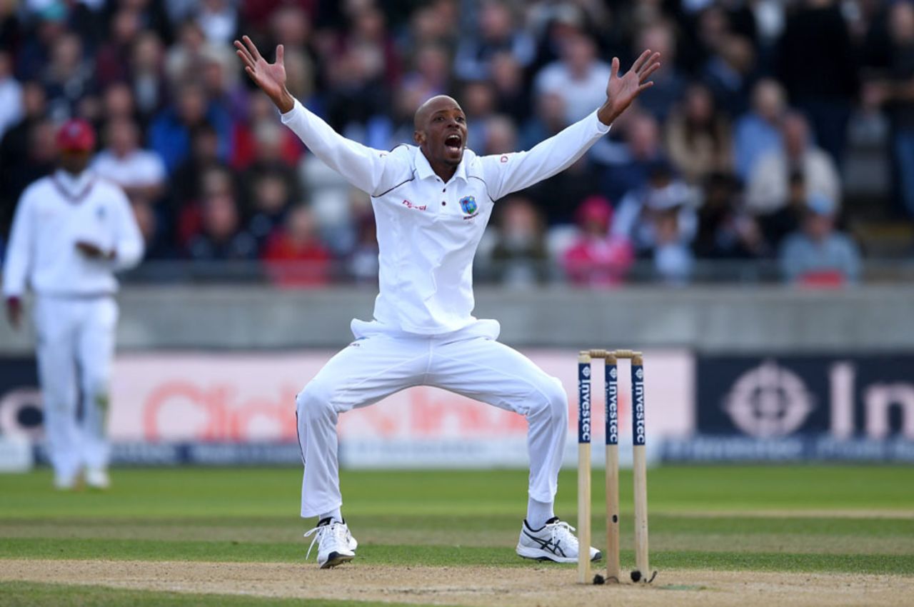 Roston Chase implores for an lbw against Alastair Cook - which he won on review, England v West Indies, 1st Investec Test, Edgbaston, 2nd day, August 18, 2017