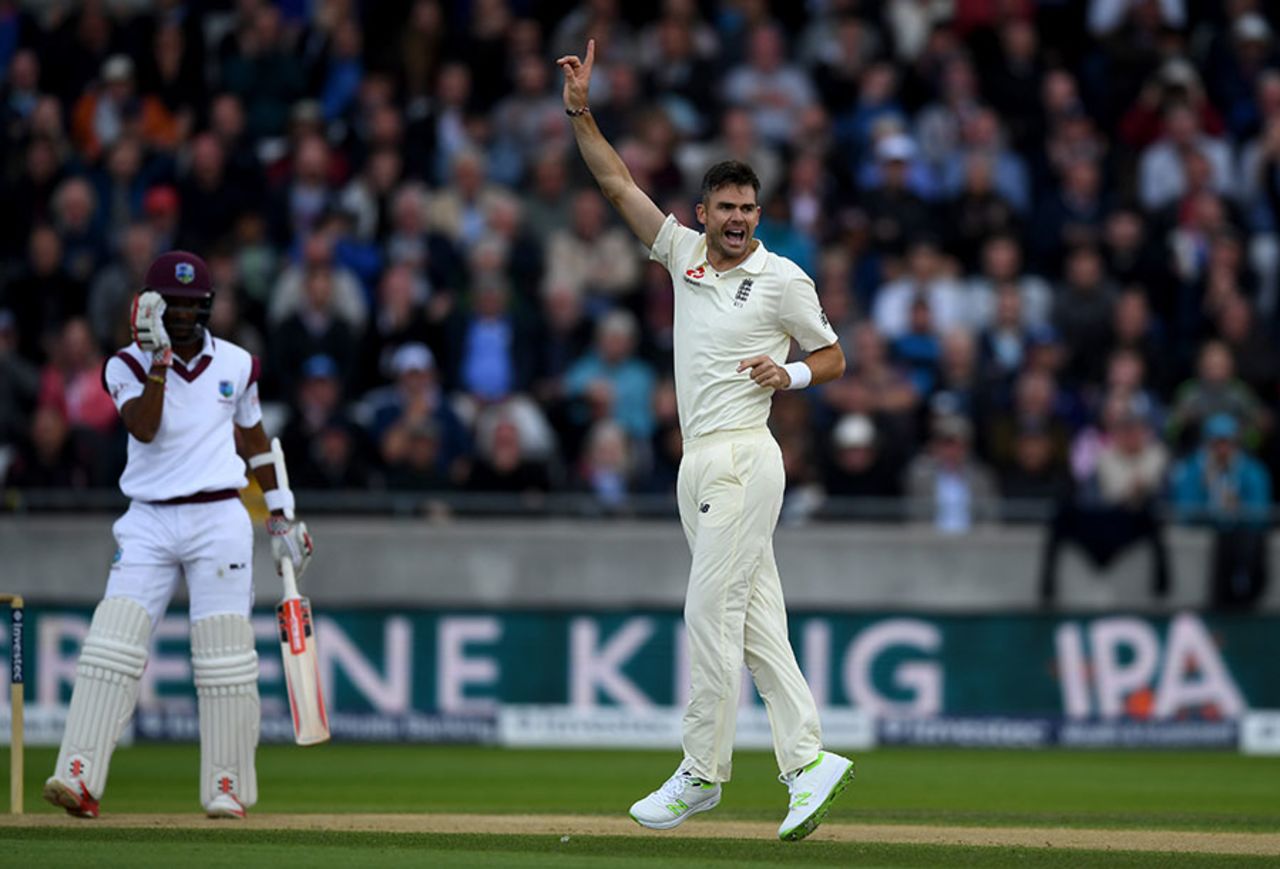 James Anderson removed Kraigg Brathwaite early in West Indies' reply, England v West Indies, 1st Investec Test, Edgbaston, 2nd day, August 18, 2017