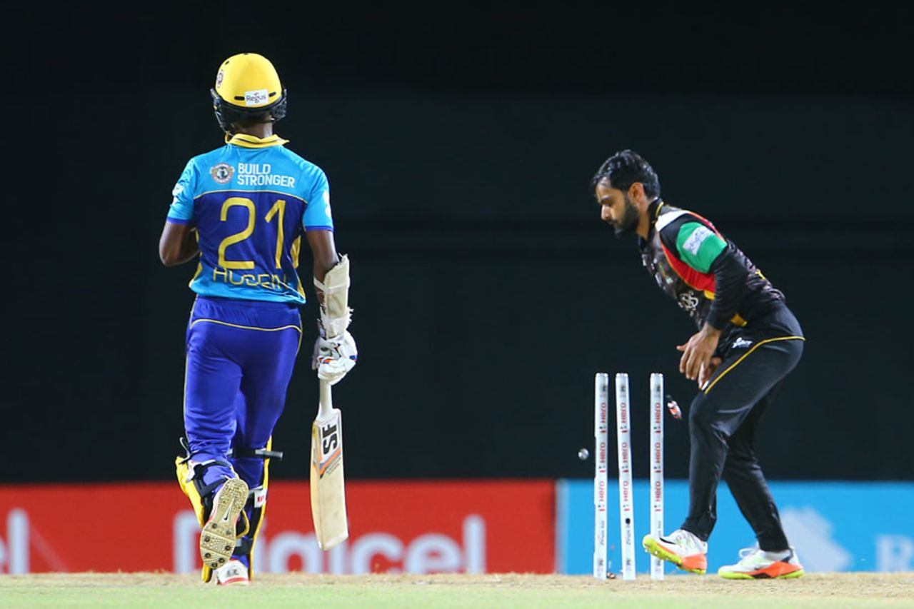 Mohammad Hafeez takes off the bails to dismiss Akeal Hossein, St Kitts and Nevis Patriots v Barbados Tridents, CPL 2017, Basseterre, August 18, 2017